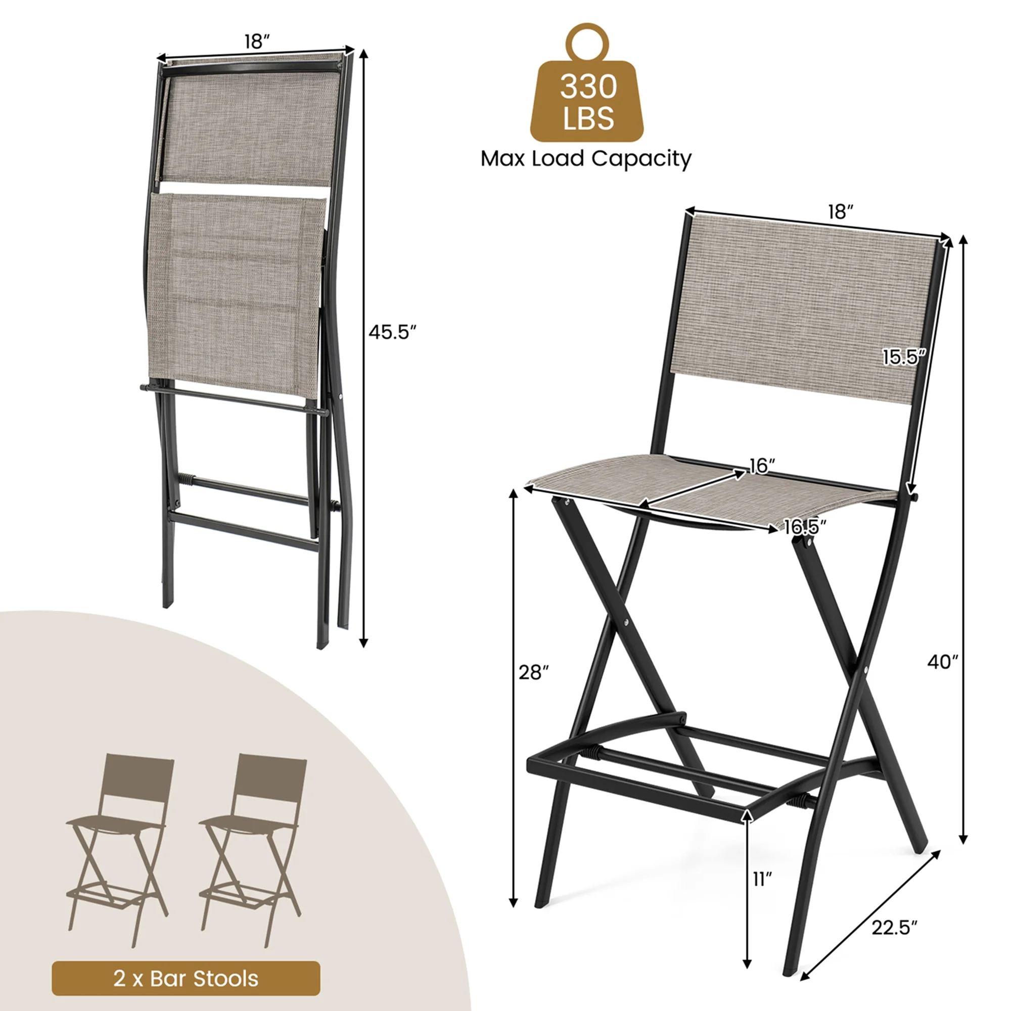 Costway Set of 2 Outdoor Bar Chair Folding Bar Height Stool with Metal Frame Coffee - Image 7