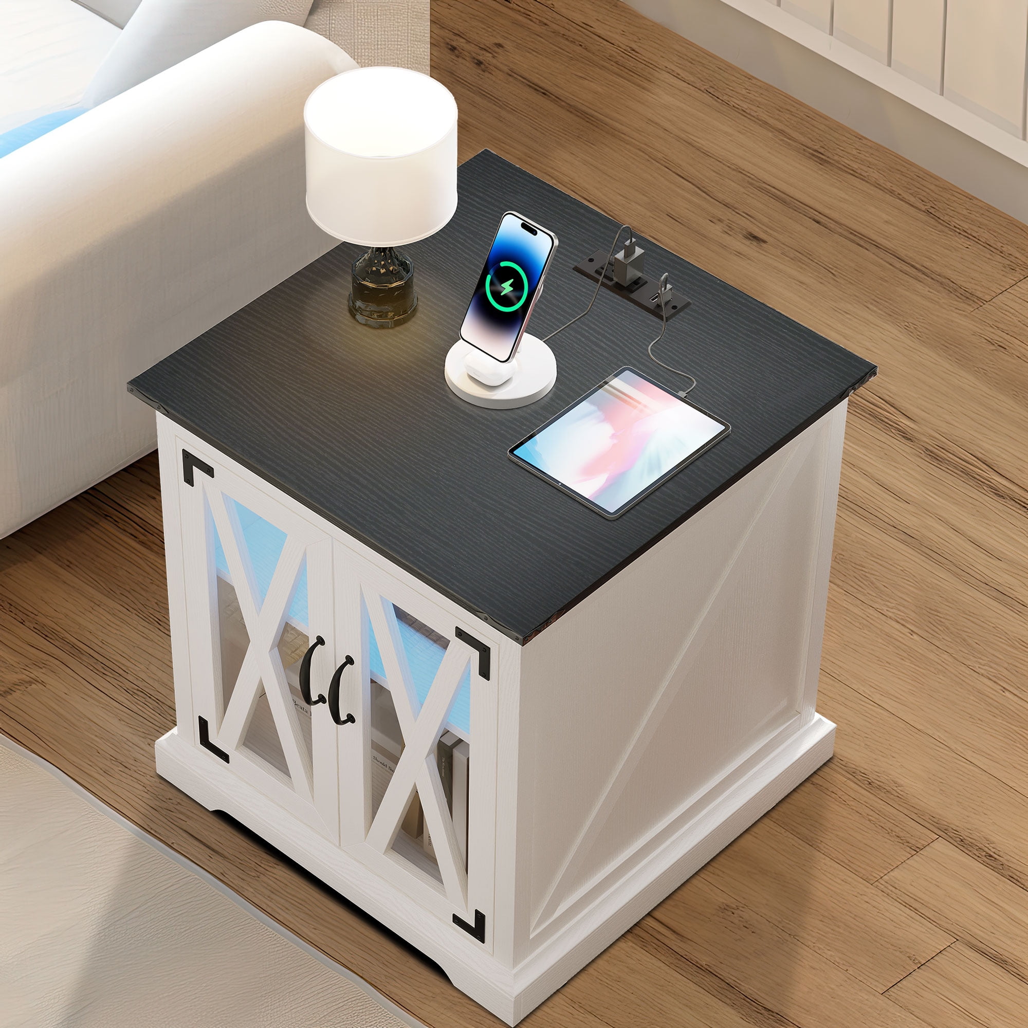 Dextrus Farmhouse End Table with Charging Station and LED Lights, Side Table with 2 Door & Storage Shelf Nightstand for Living Room Bedroom - White - Image 7