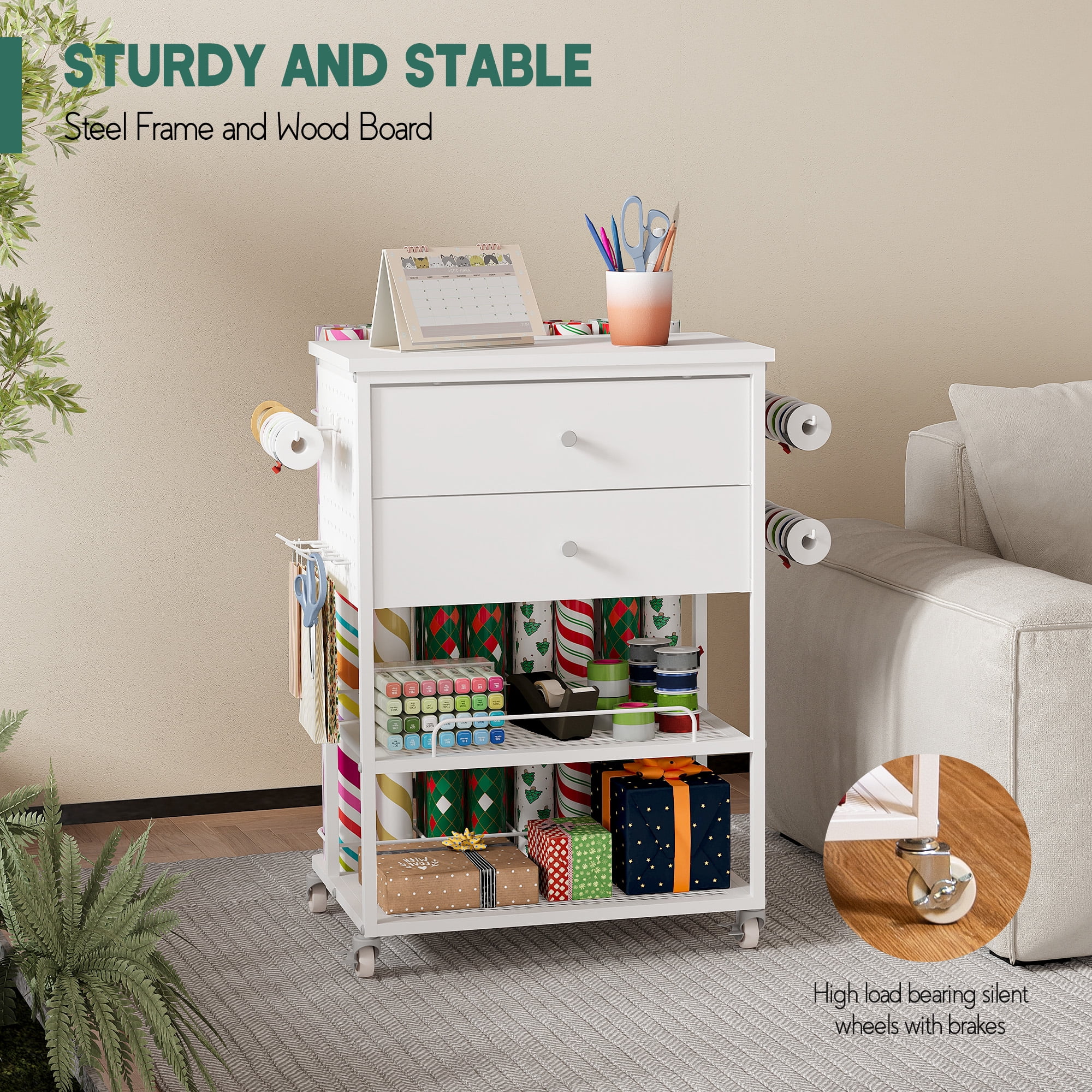 Crafit Gift Wrapping Table Craft Paper Storage Cart with 2 Drawers and Metal Shelves for Craft Room Gift Bags - Image 6