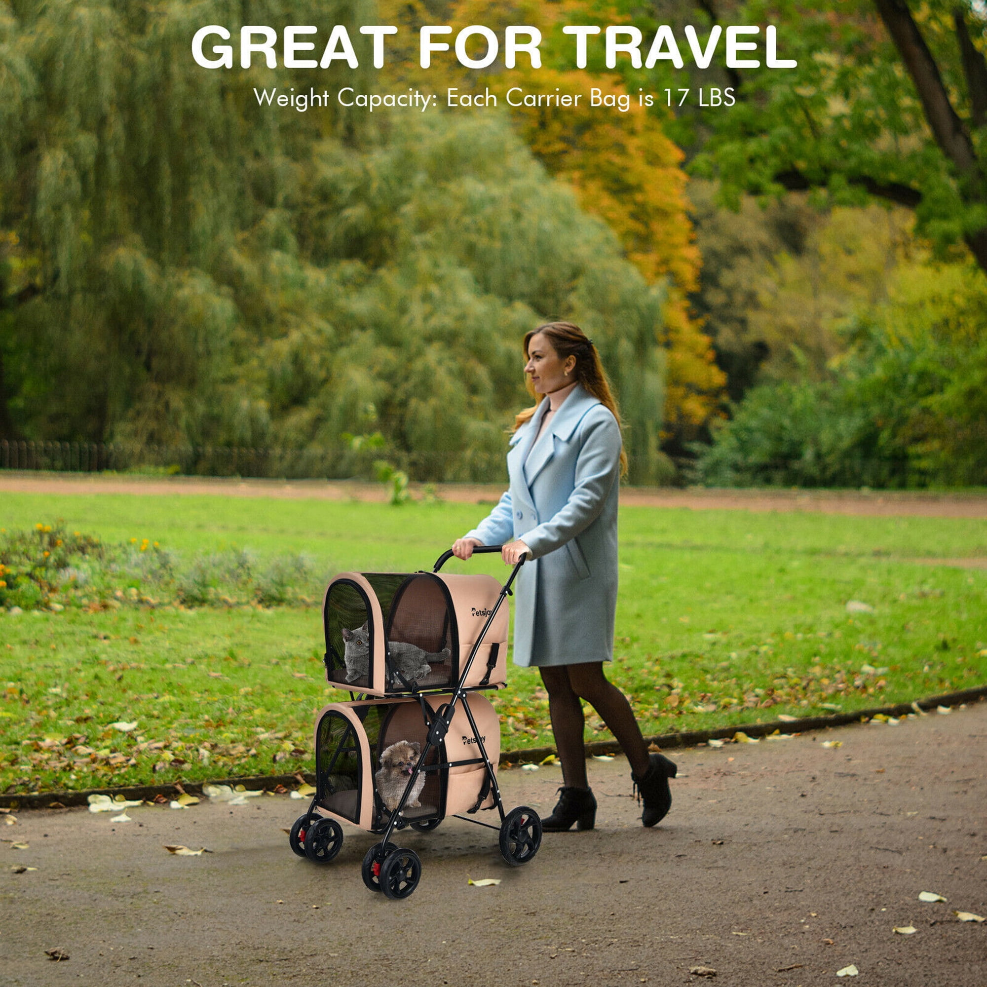 Gymax 4-in-1 Double Pet Stroller w/ Detachable Carrier Travel Carriage for Cats Beige - Image 3