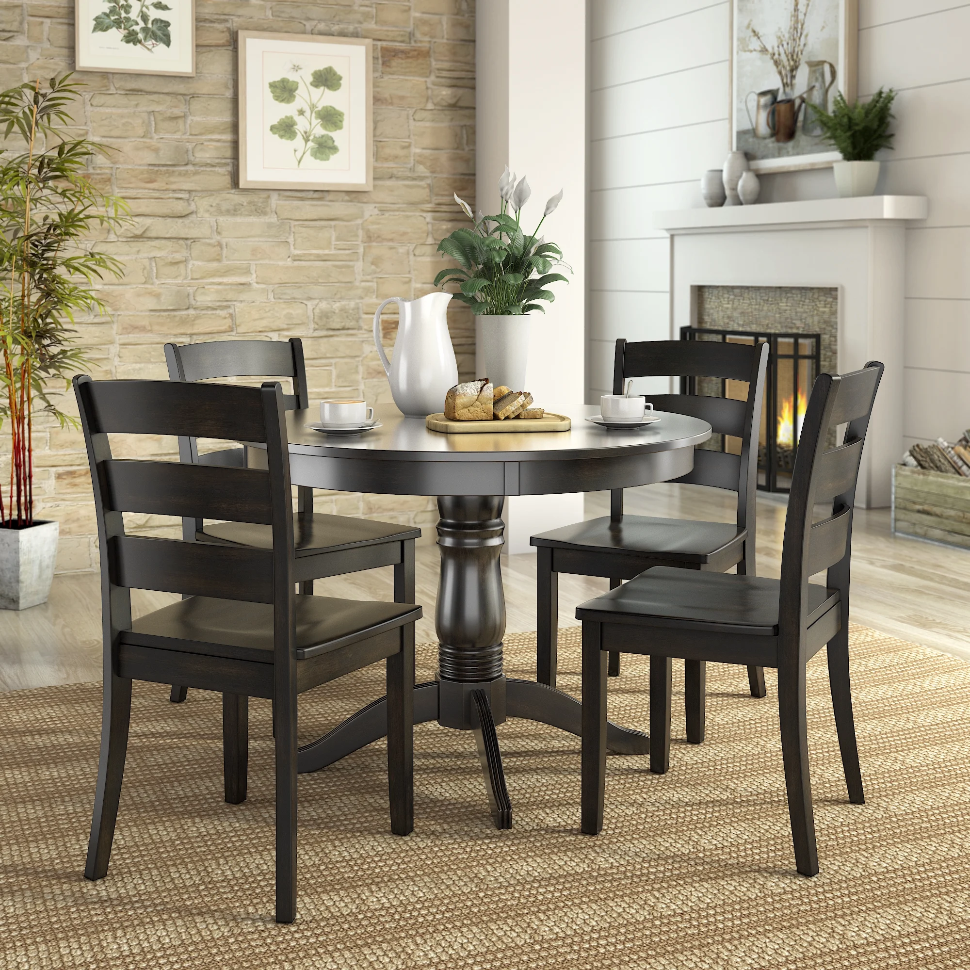 Lexington 5-Piece Wood Dining Round Table and 4 Ladder Back Chairs, Black - Image 4