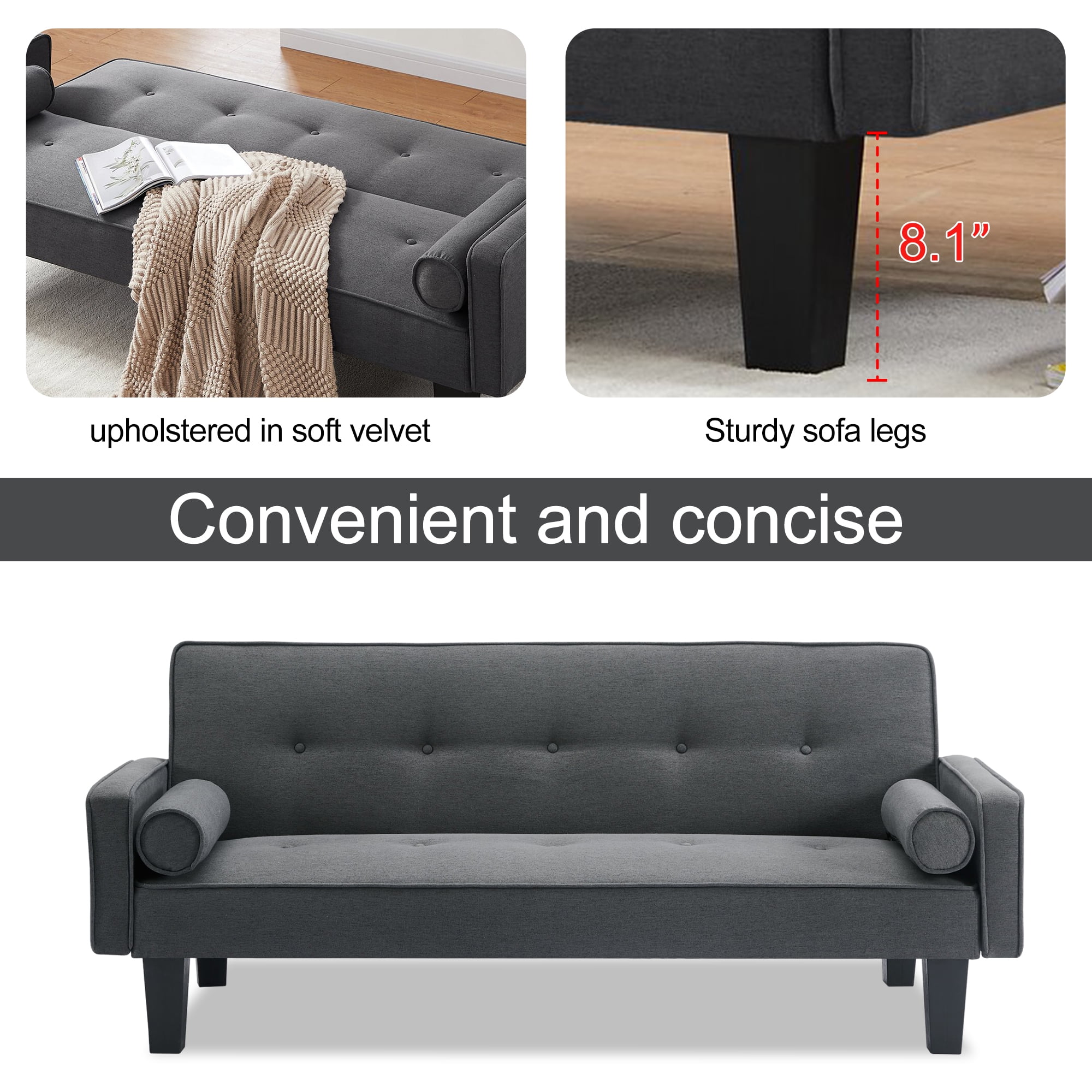 Convertible Futon Sofa Bed,Gray Upholstered Futon Couch Fabric Sleeper Sofa for Living Room Apartment - Image 2