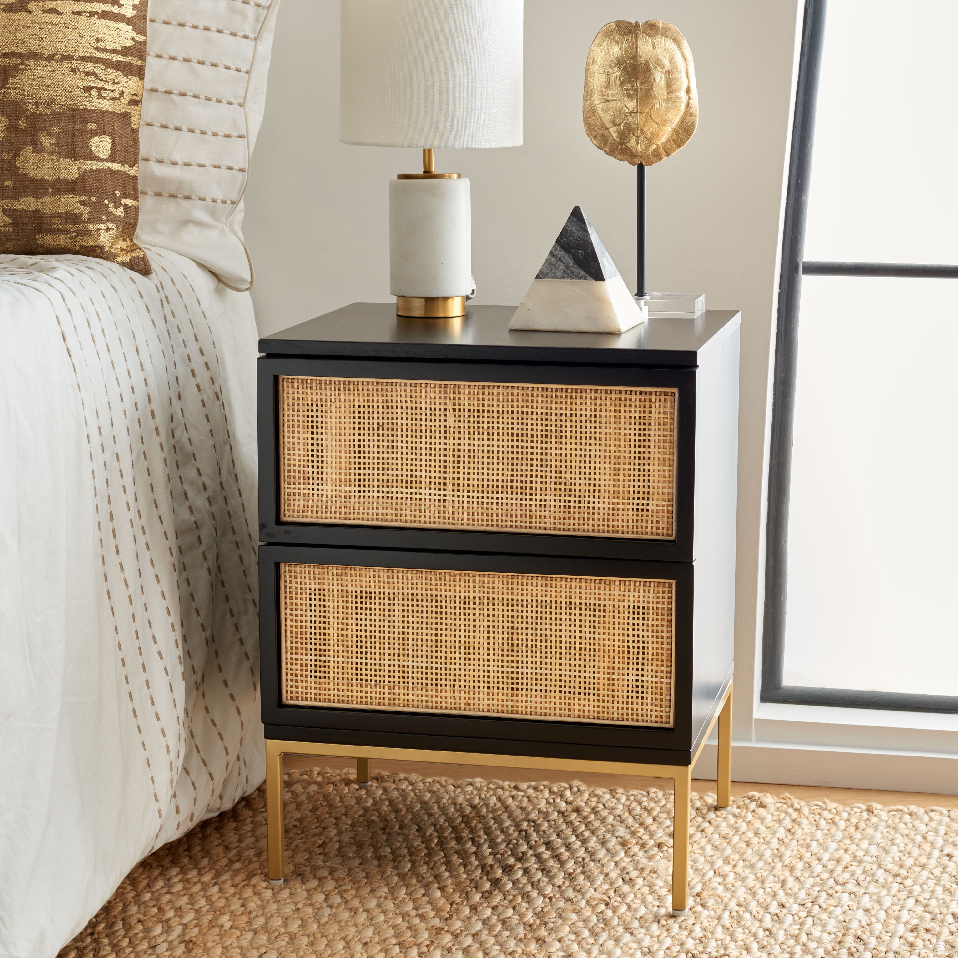 SAFAVIEH Zadie 2 Drawer Rattan Nightstand, Black w/ Natural Rattan/Gold Legs - Image 10