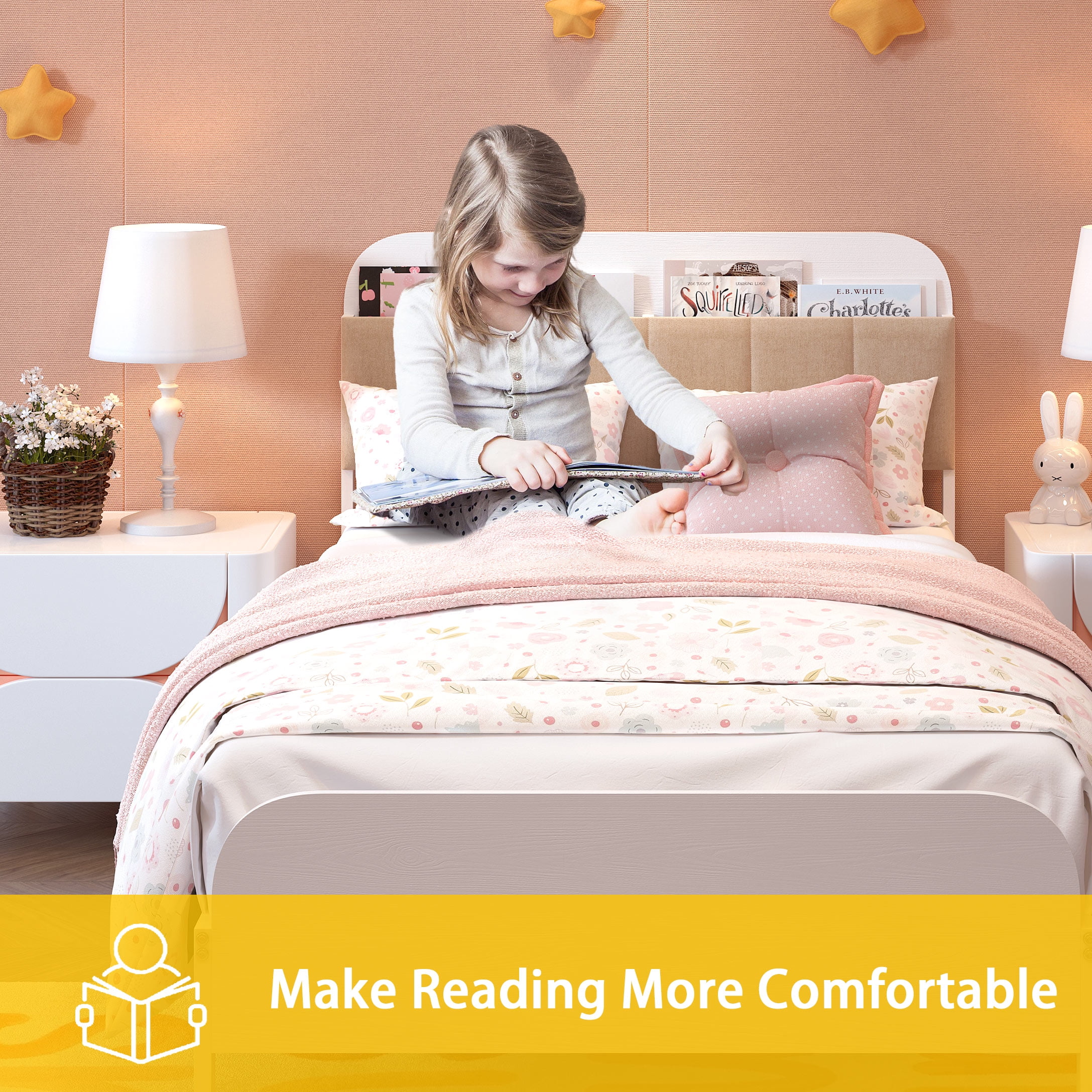 Yoneston Kids Twin Platform Bed with Upholstered Bookcase Headboard Storage Shelves, Metal Bed Frame Easy Assembly for Boys Girls Teens, White - Image 10