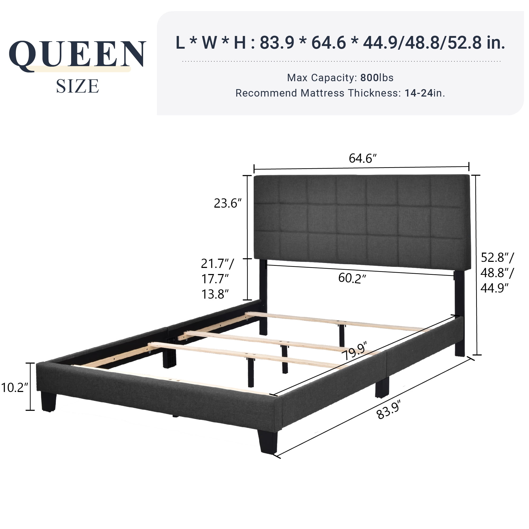Allewie Queen Size Panel Platform Bed Frame with Adjustable High Upholstered Headboard, Grey - Image 6
