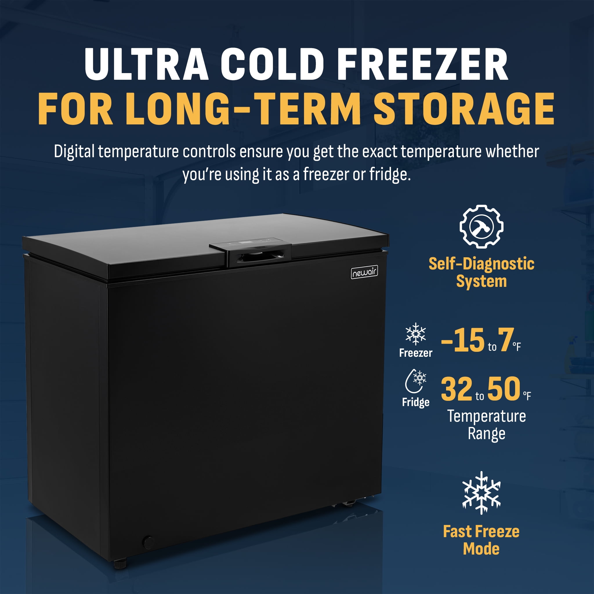 Newair 6.7 Cu. Ft. Compact Chest Freezer in Black, Temperature Control, Fast Freeze Mode, Door Alarm, Wire Basket, Self-Diagnose Program, and LED Lighting - Image 6