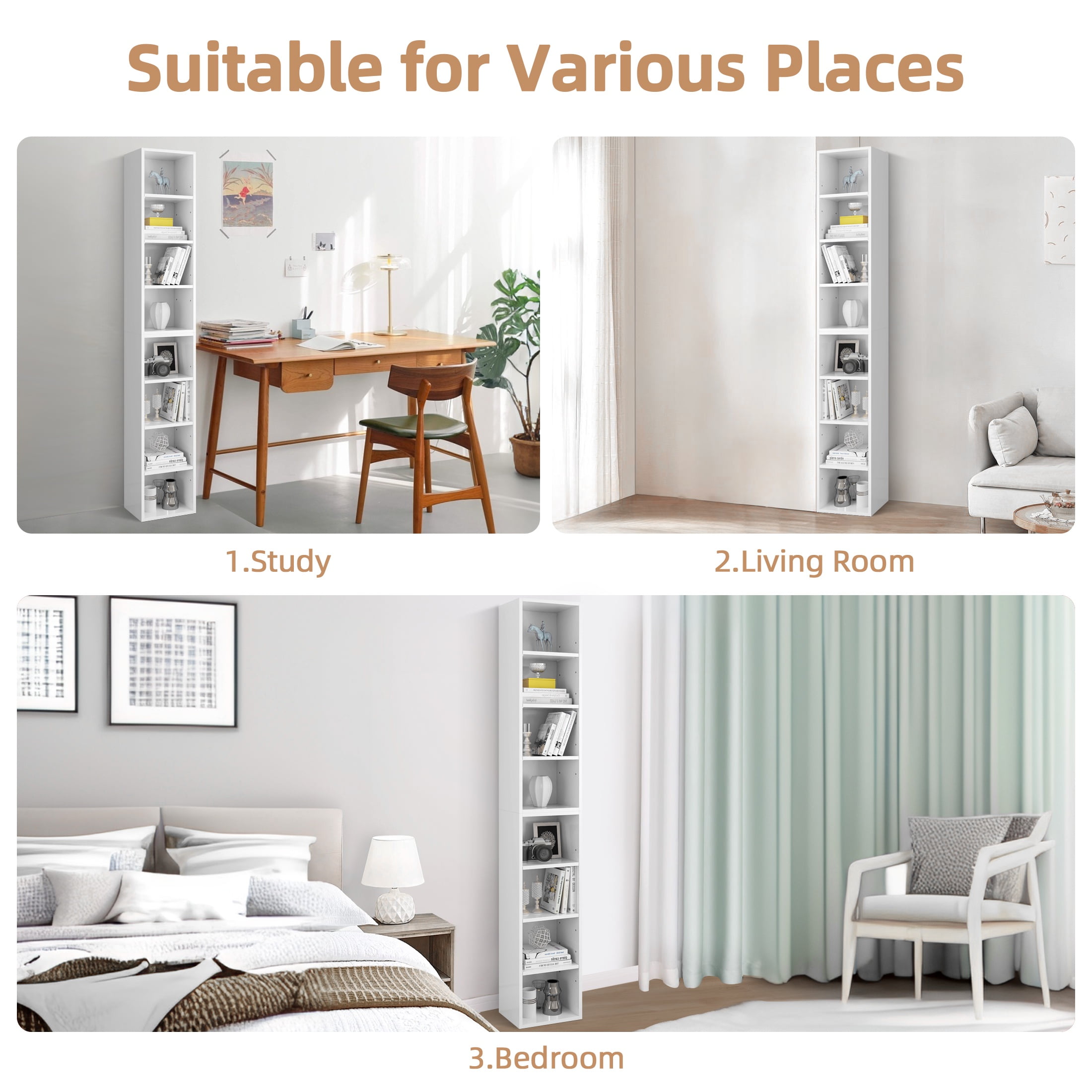 PORKISS 8-Tier White Bookshelf, Wood Open Display Bookshelf with Adjustable Shelves, Tall Narrow Bookcase with Slim Storage, Modern Book Display Shelf Media Tower Rack for Living Room, Home Office - Image 6