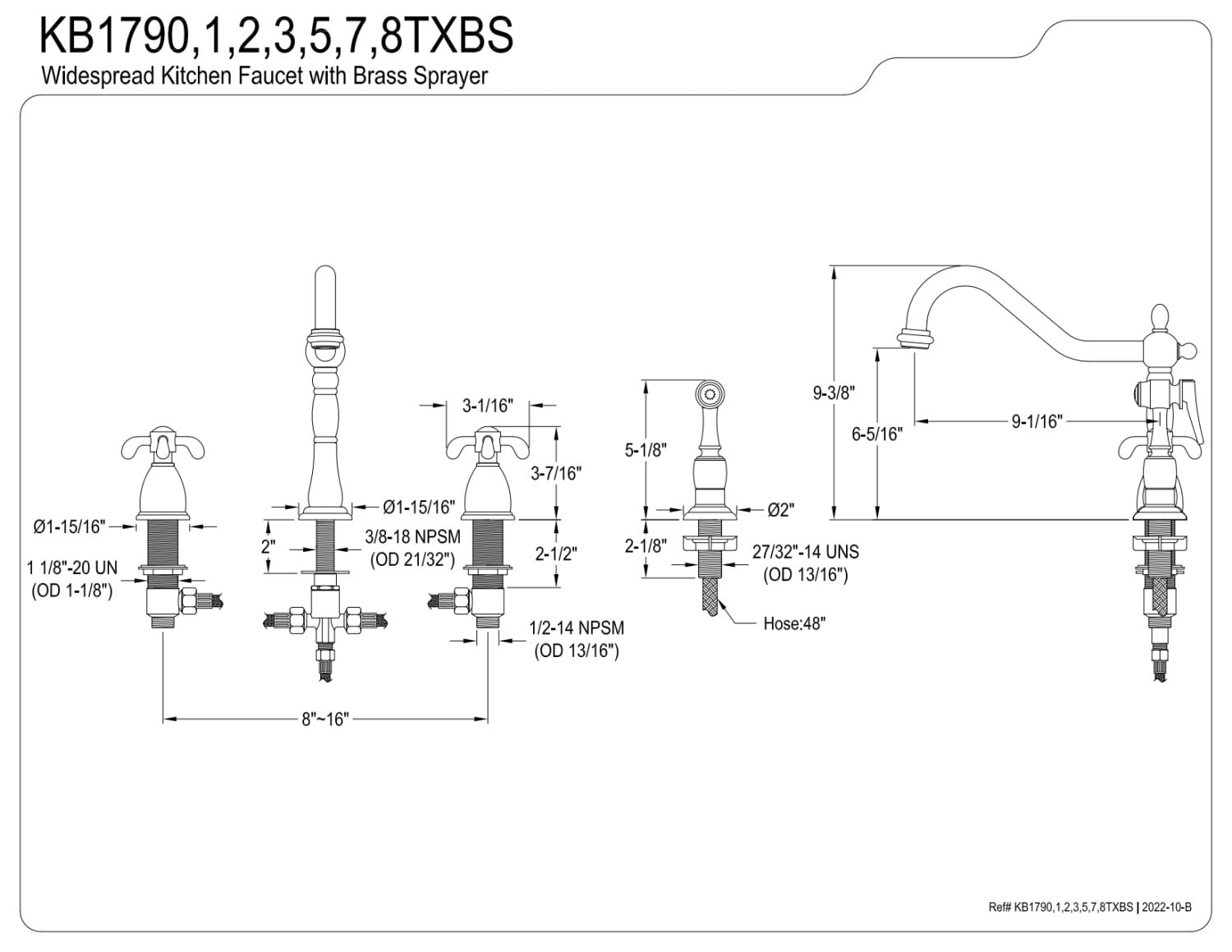 Kingston Brass KB1791TXBS French Country Widespread Kitchen Faucet with Brass Sprayer, Polished Chrome - Image 2