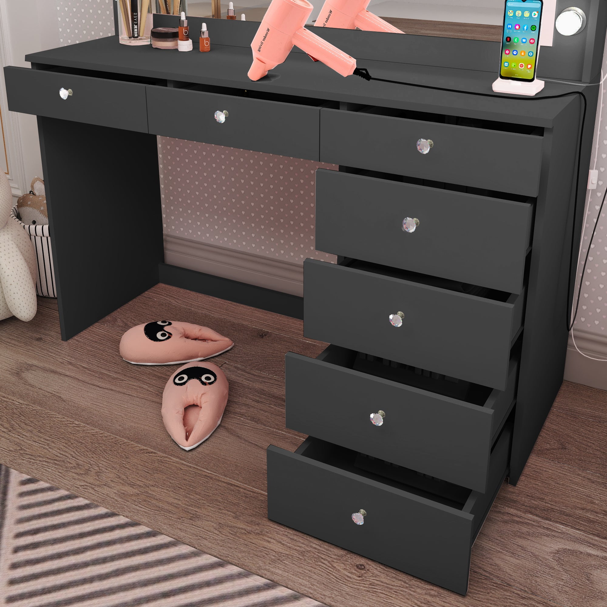 Ember Interiors Modern Black Painted Makeup Vanity Table with Crystal Knobs for Bedroom - Image 4