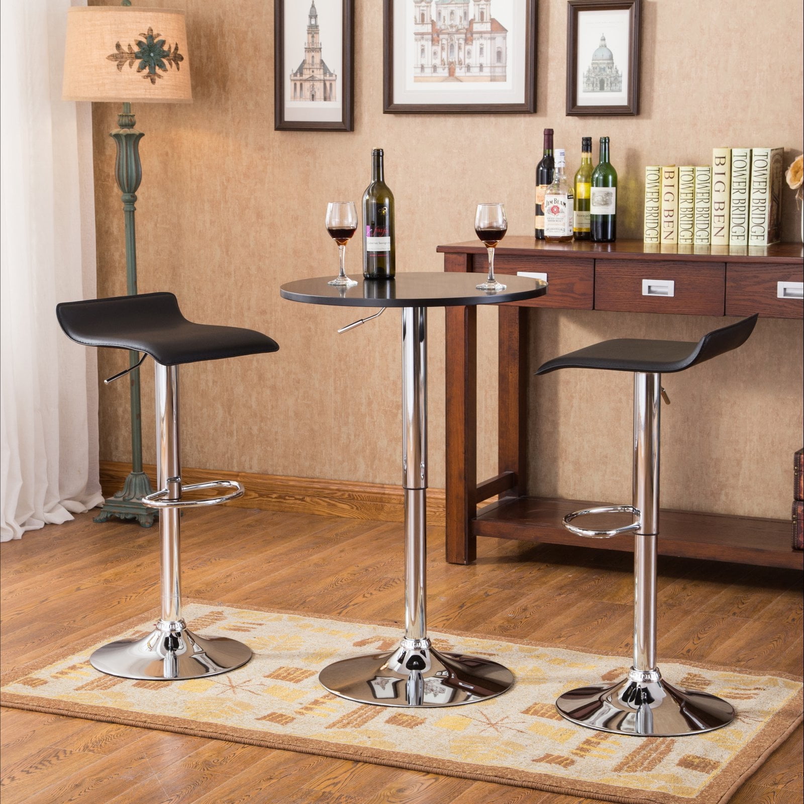 Roundhill Furniture Baxton White Adjustable Height Wood and Chrome Metal Bar Table and 2 Chrome Air Lift Adjustable Swivel Stools Set - Image 5