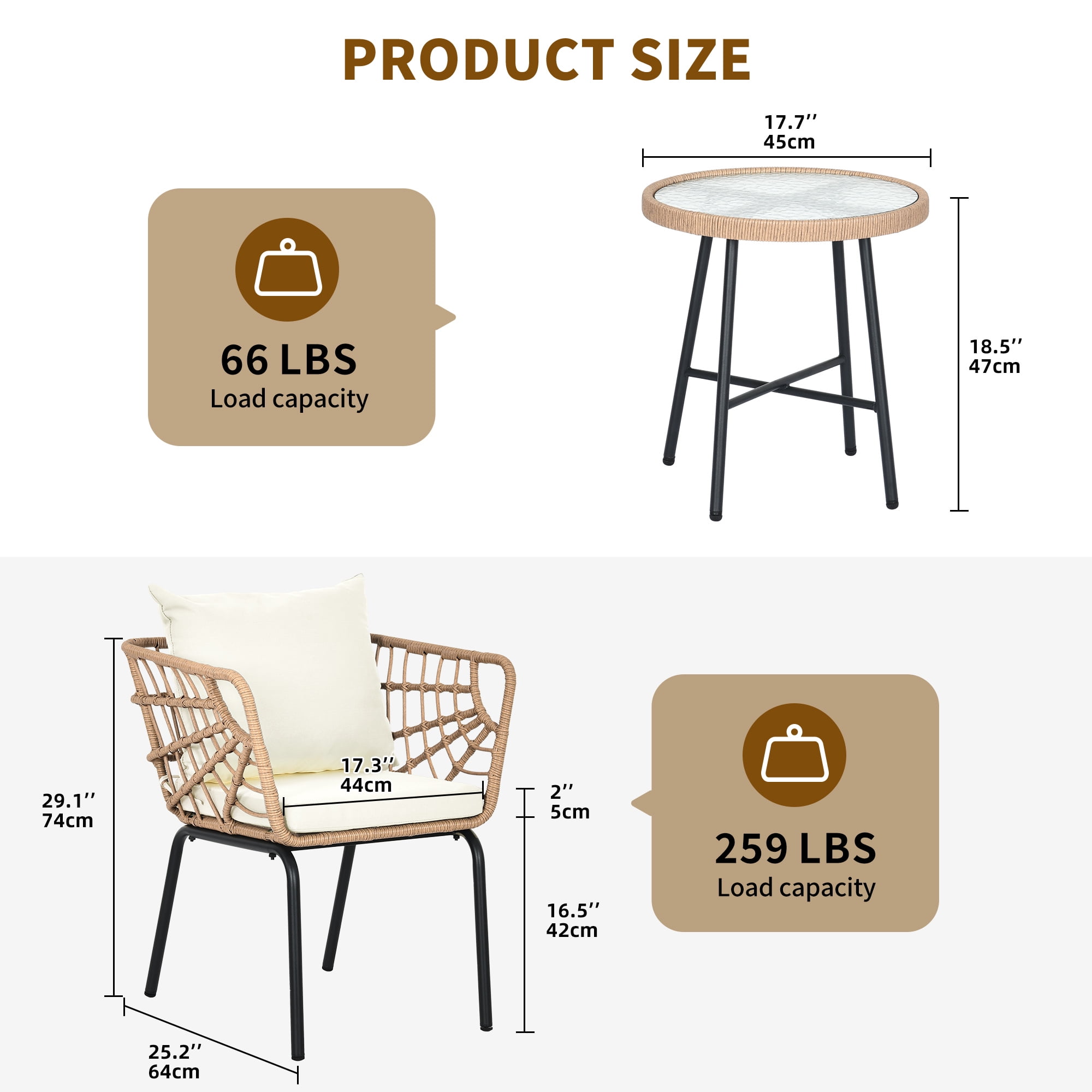 Dextrus 3-Piece Outdoor Patio Furniture Wicker Bistro Set, With 2 Chairs and Coffee Table,Cushions and Lumbar Pillows-Beige - Image 5