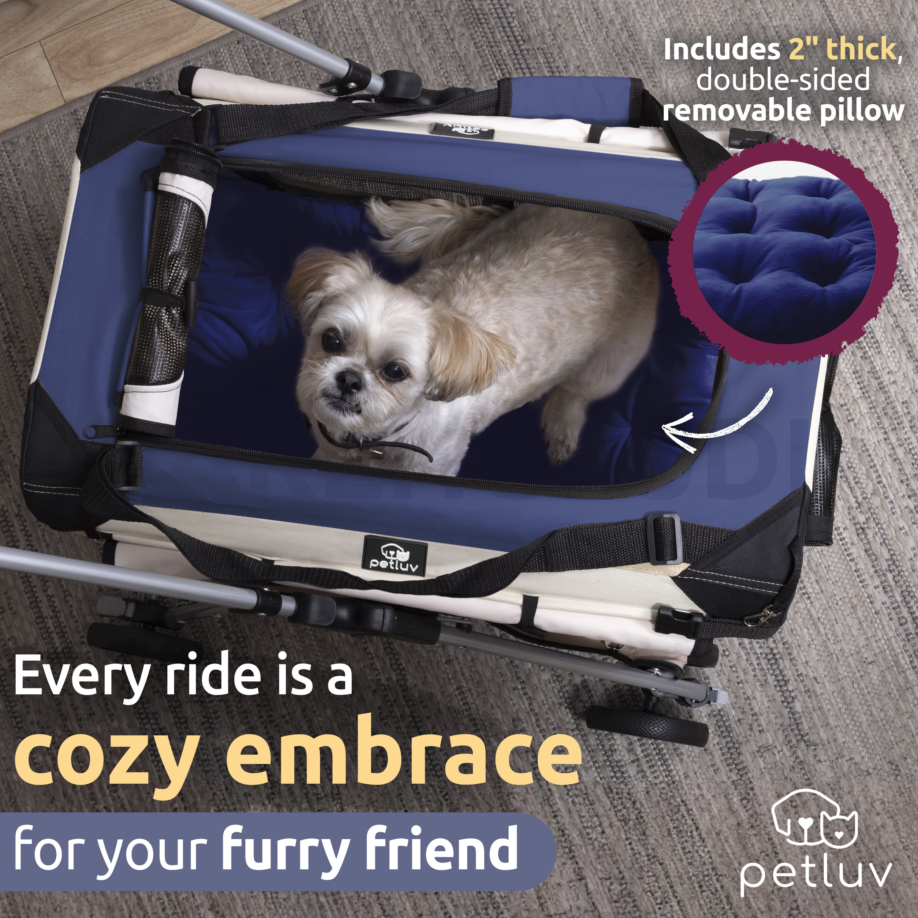 PetLuv Cat and Dog Stroller, Soft Sided Detachable Pet Carrier & Travel Crate, Plush Bed, Locking Zippers, Privacy Windows, Collapsible, Locking Wheels - Image 7