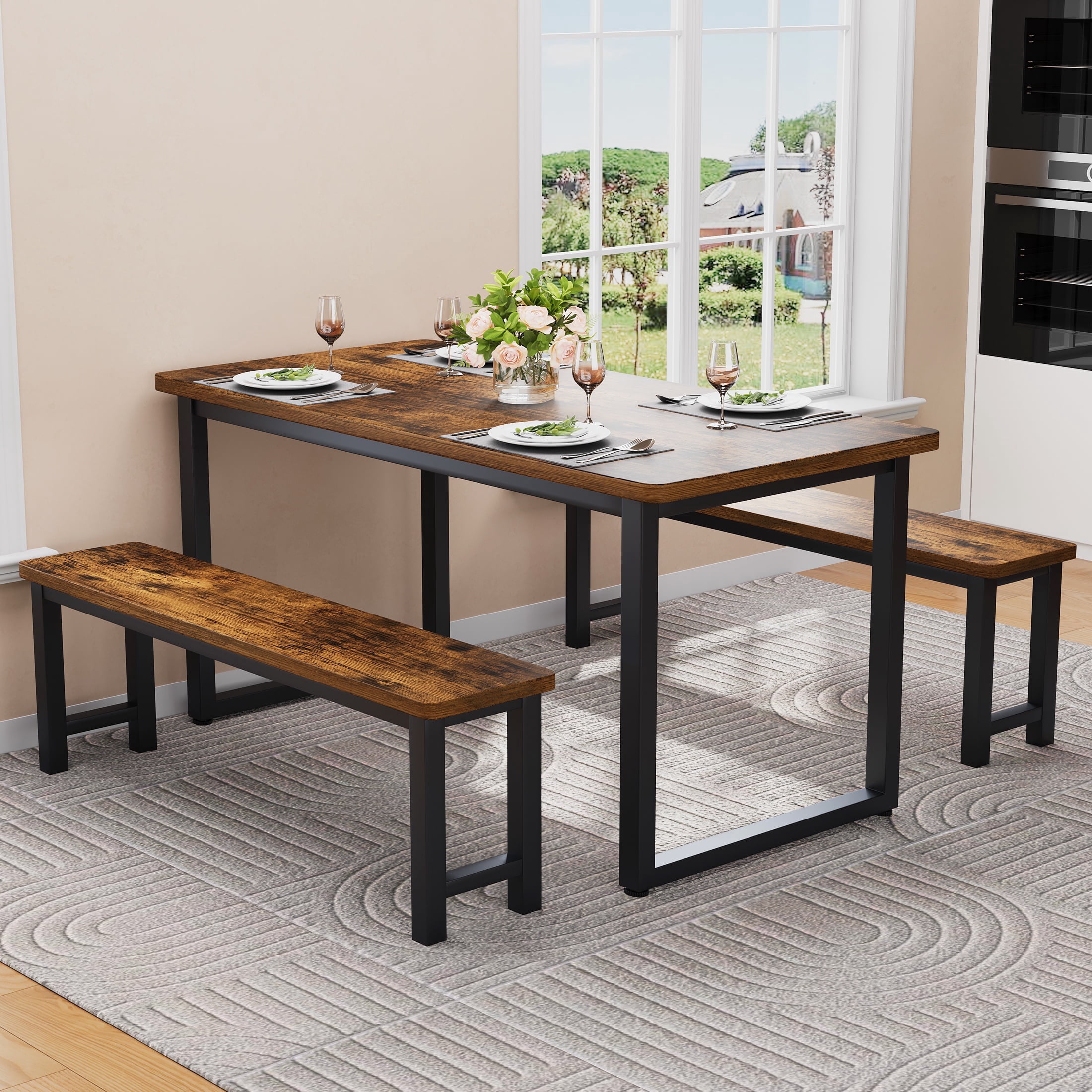 PORKISS 47.2" Dining Table Set for 4, Kitchen Table with 2 Benches, Wood Dining Room Dinette Sets with Metal Frame for Breakfast Nook and Small Space - Brown - Image 11