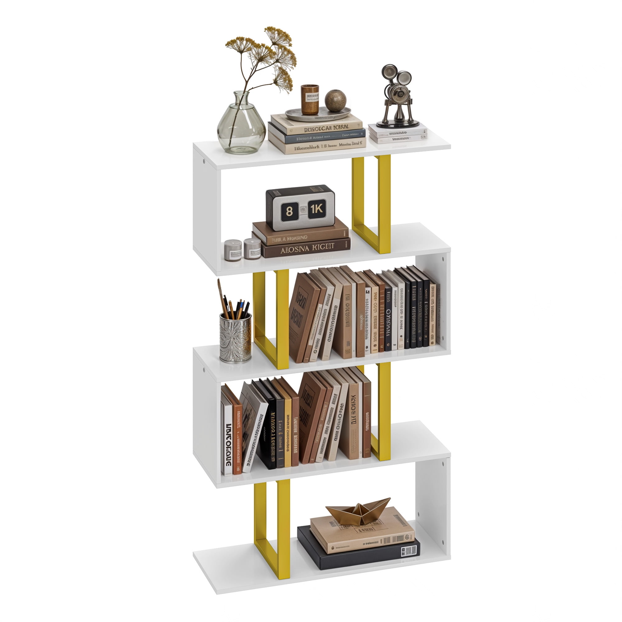 Dextrus 5-Tier S-Shape Bookshelf, Modern Wood & Metal Bookcase for Living Room, Bedroom, Home Office – Gold - Image 3