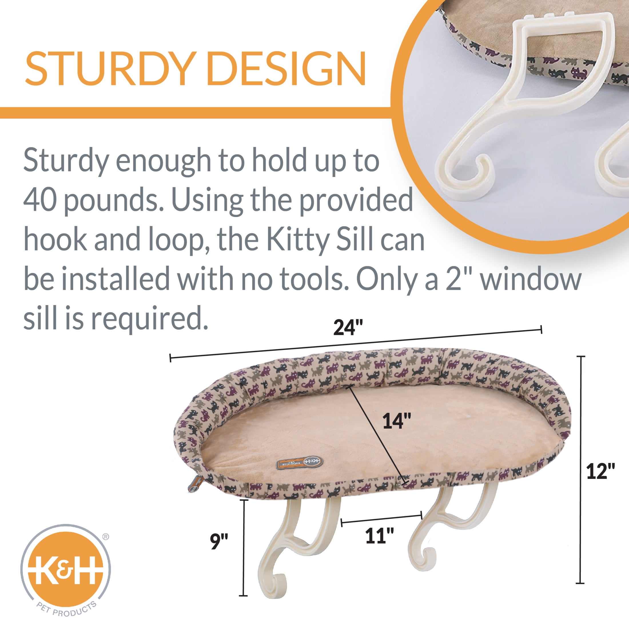 K&H Pet Products Deluxe Kitty Sill with Removable Bolster Tan/Kitty Print 14 X 24 Inches - Image 8