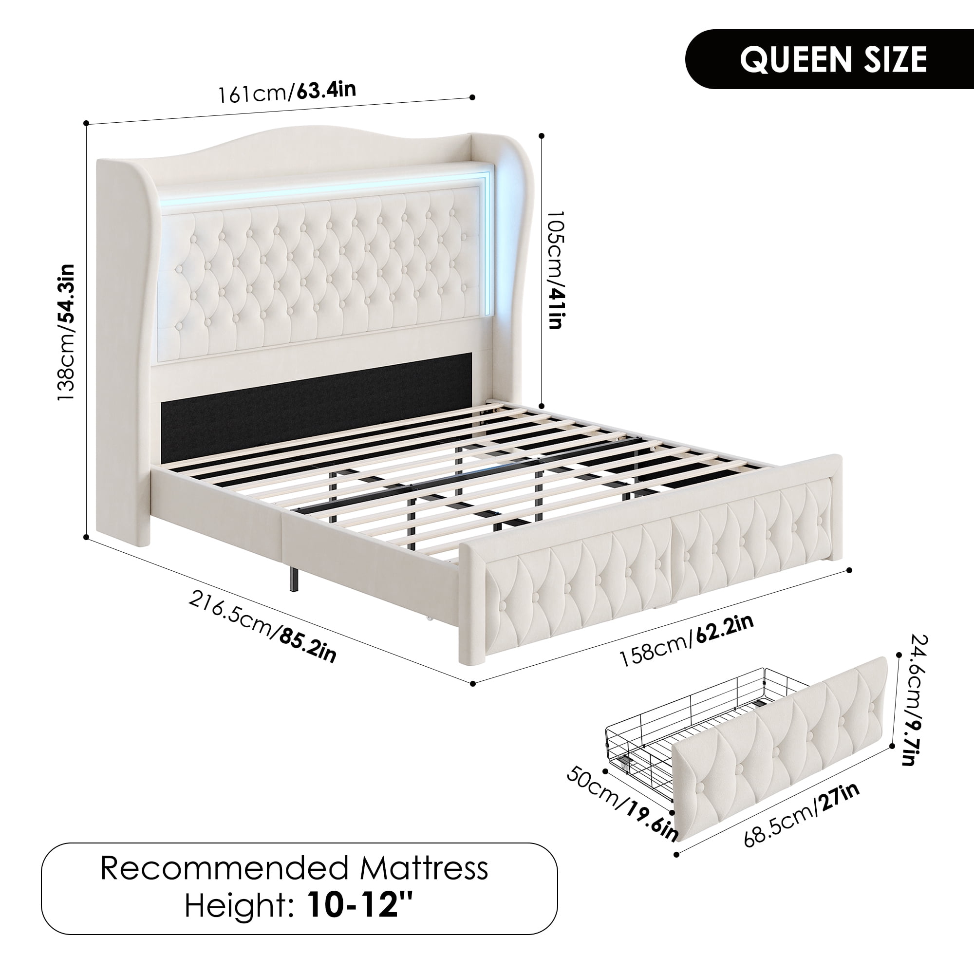 Homfa Queen Size LED Bed Frame with Storage Drawers, 54in Tall Velvet Upholstered Headboard Platform Bed with Wingback Buttons Headboard, Beige - Image 8