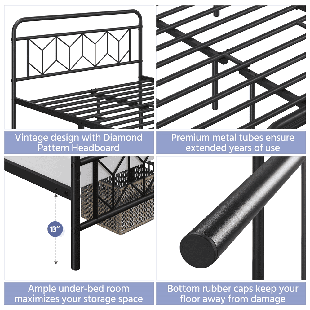 Renwick Vintage Metal Platform Queen Bed, All Ages, Black - Image 3