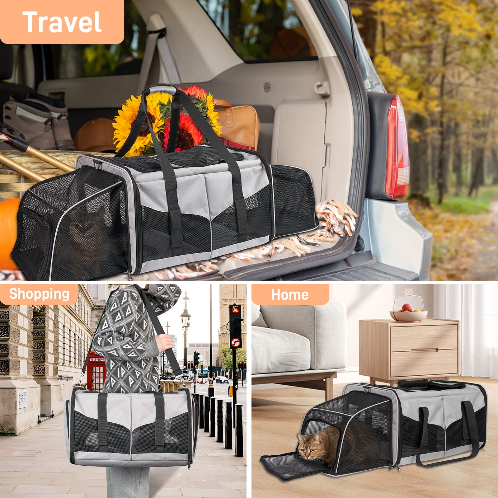 LitaiL Cat Carrier for 2 Cats, 2-in-1 Double Pet Carrier with 2 Litter Boxes, Portable Soft Sided Dog Carrier for Traveling, Gray - Image 6