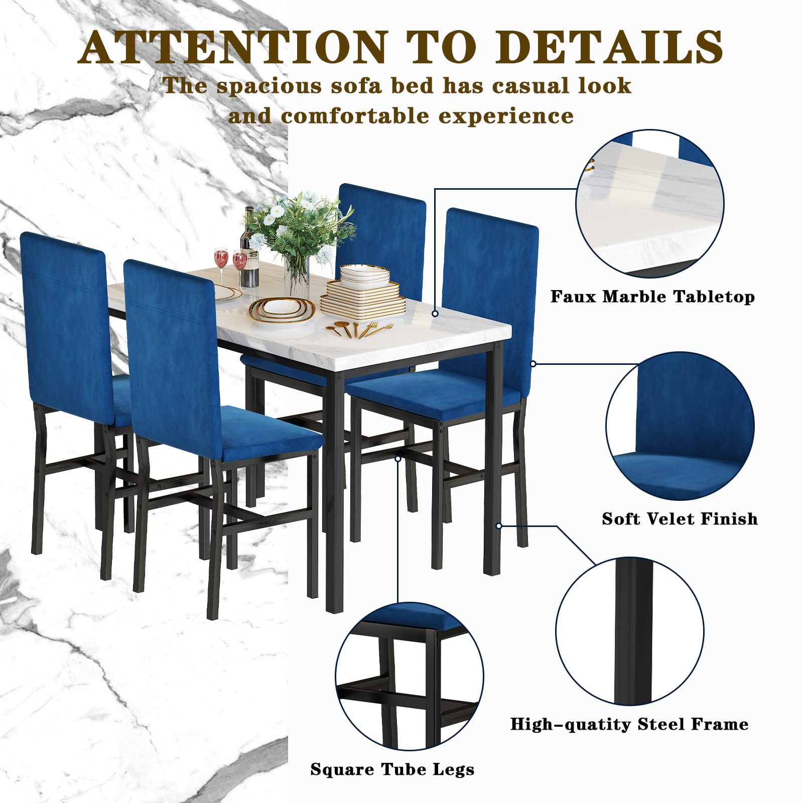 AWQM 5 Piece Dining Table Set, Kitchen Table and Chairs Set for 4 with Faux Marble and 4 Velvet Upholstered Dining Chairs for Home, Restaurant, White & Blue - Image 9