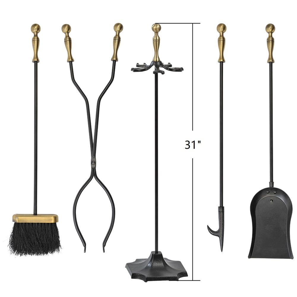 Amagabeli 5 Pieces Fireplace Tools Sets Brass Handles Wrought Iron Set and Holder Indoor Outdoor Fireset Fire Pit Stand Rustic Tongs Shovel Brush Chimney Poker Wood Stove Hearth Accessories Kit Large - Image 4