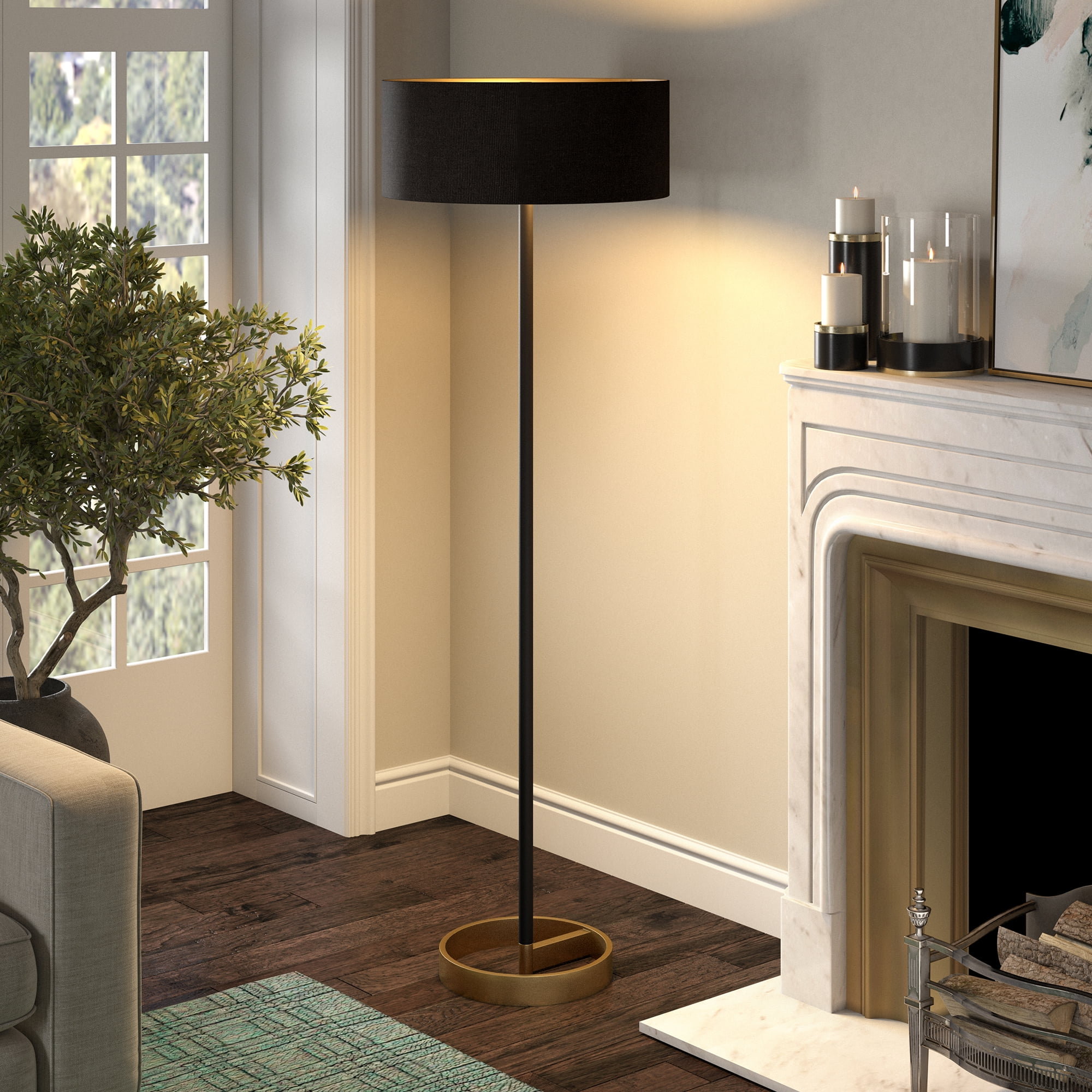 Henn&Hart 20" Matte Black/Brass Metal/Fabric Floor Lamp - Image 6
