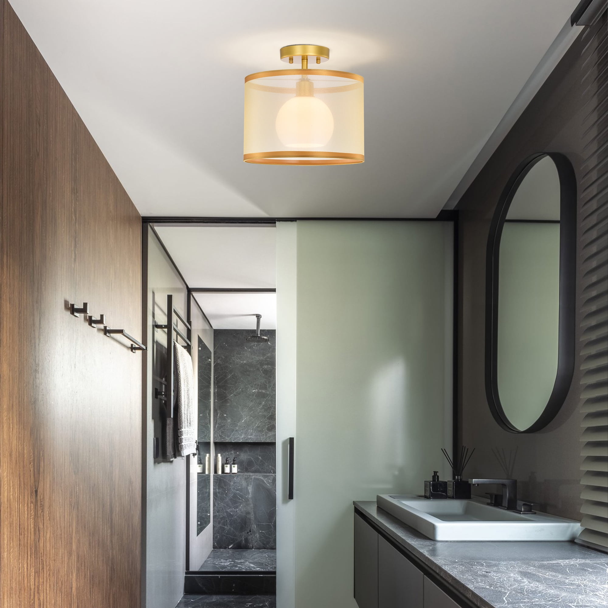 ASHOP Ceiling Light Semi Flush Mount Fixtures Modern Close to Ceiling Lamps Gold Drum Light Fixture with Double Shade - Image 7