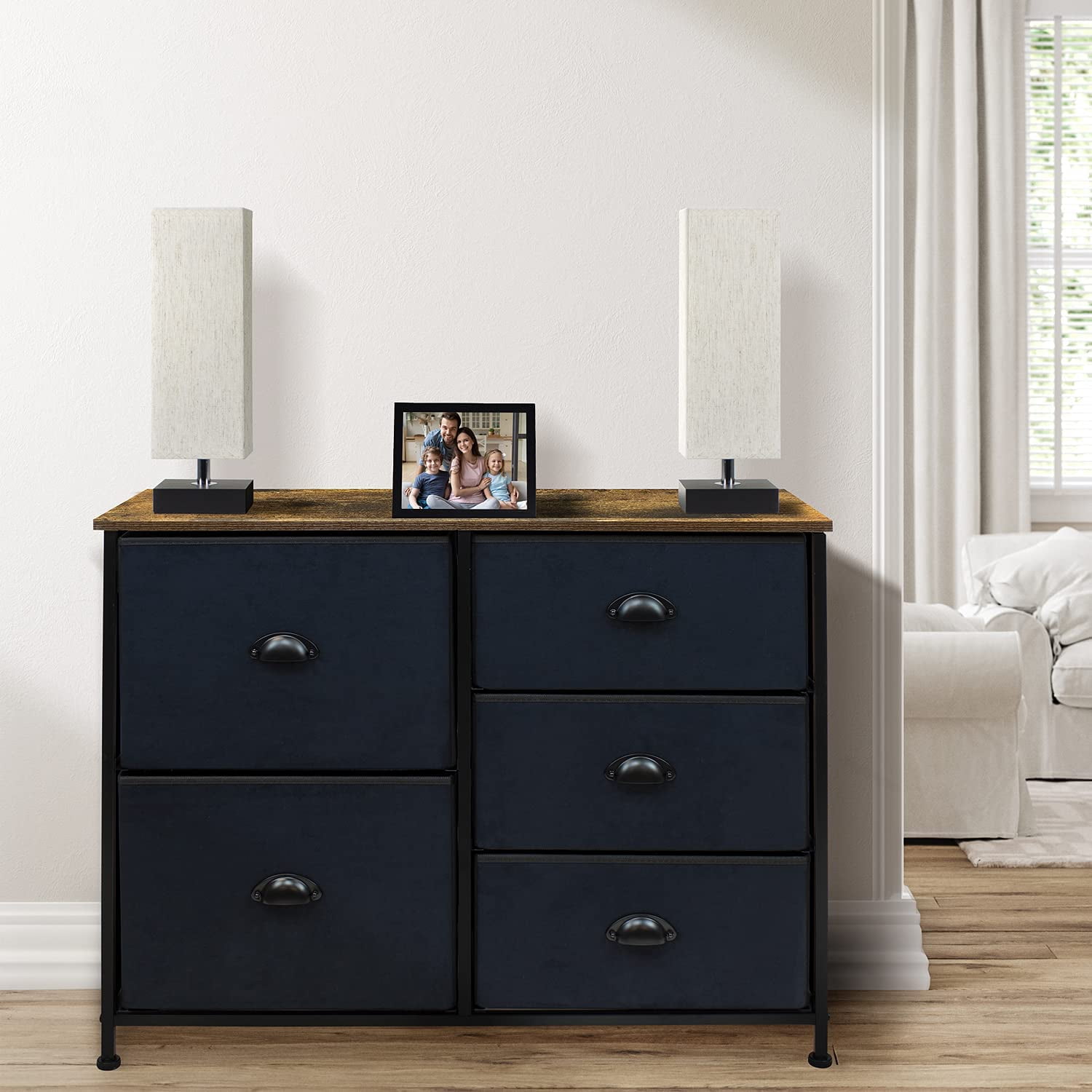 Sorbus Dresser with 5 Drawers - Furniture Storage Tower Unit for Bedroom, Hallway, Closet, Office Organization - Steel Frame, Wood Top, Easy Pull Fabric Bins (Rustic Black) - Image 5