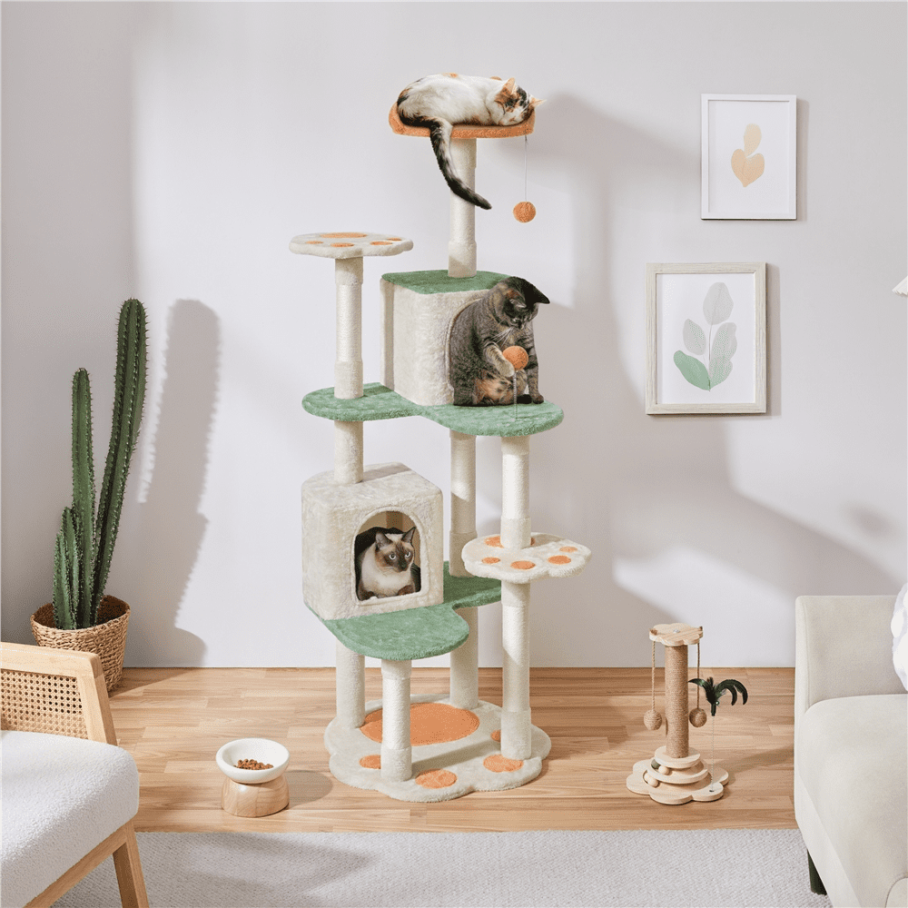 Alden Design 65″ Tall Cat Tree Paw-Shaped Play Tower for Small/Medium Cats, Beige - Image 5