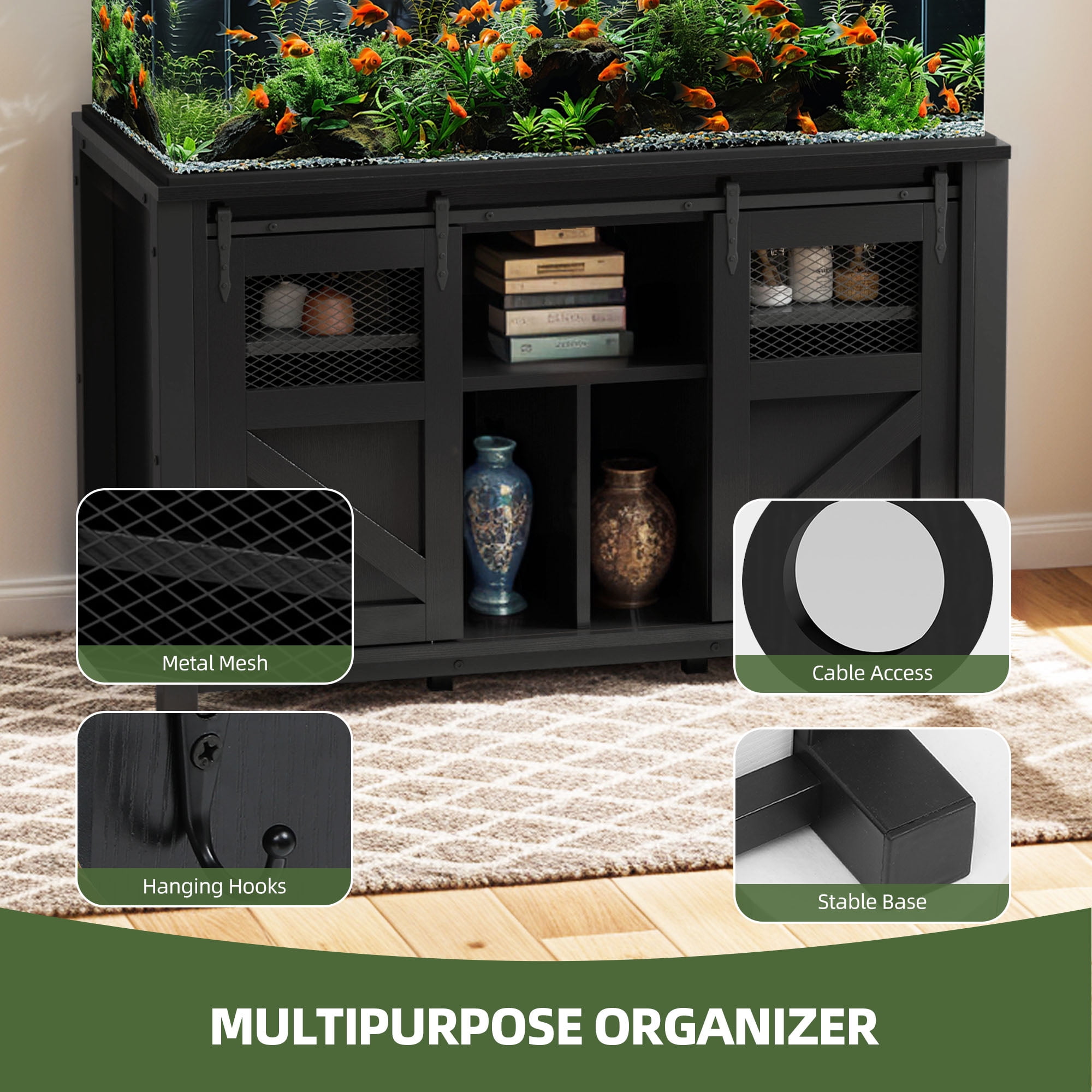 Uforic 120 gal Fish Tank Metal Stand with Storage, 1100 lbs Capacity, Power Outlets, Barn Door, Black - Image 5