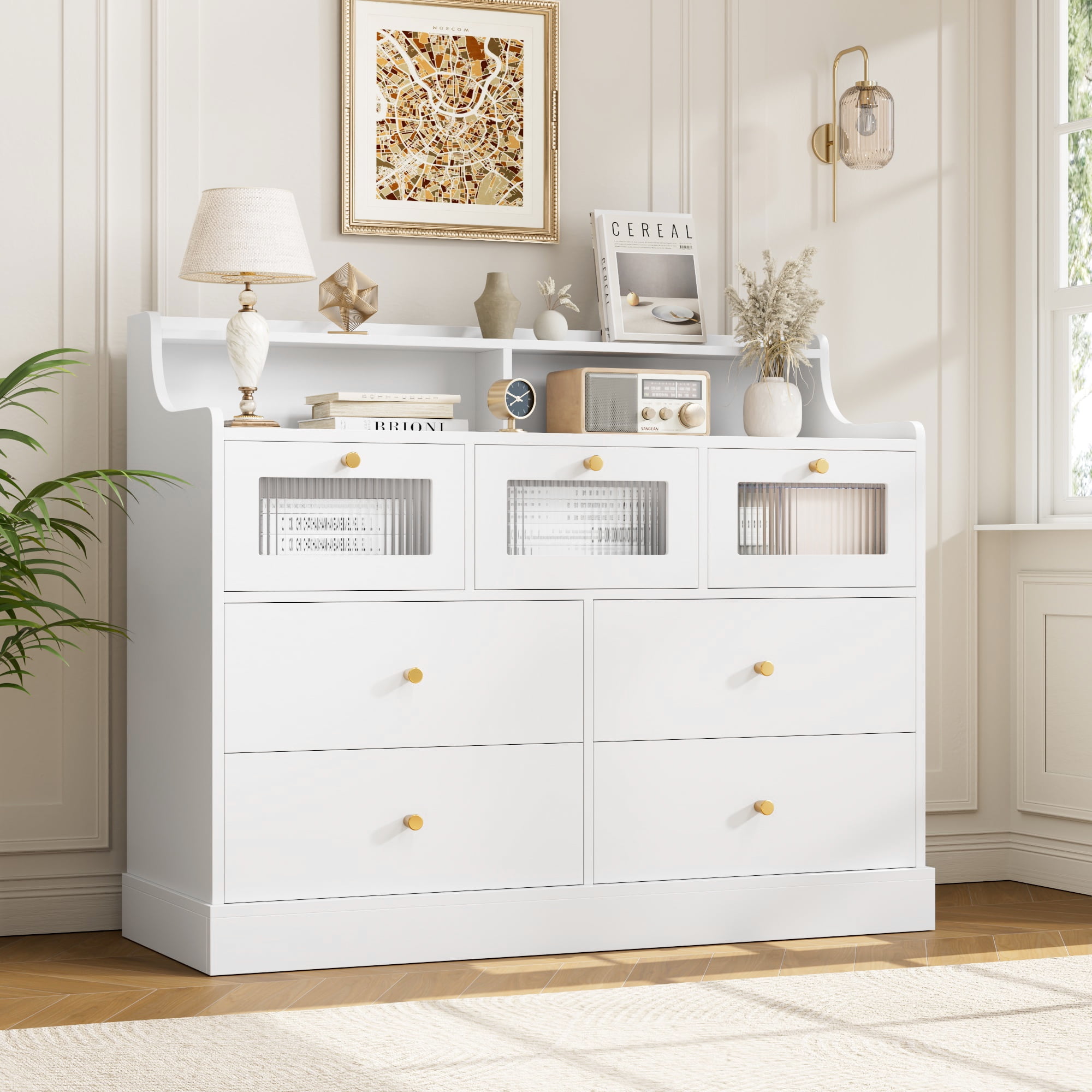 Homfa 7 Drawers Glass Dresser for Bedroom, Modern Storage Cabinet with Gold Knob and Thickened Base, White - Image 4
