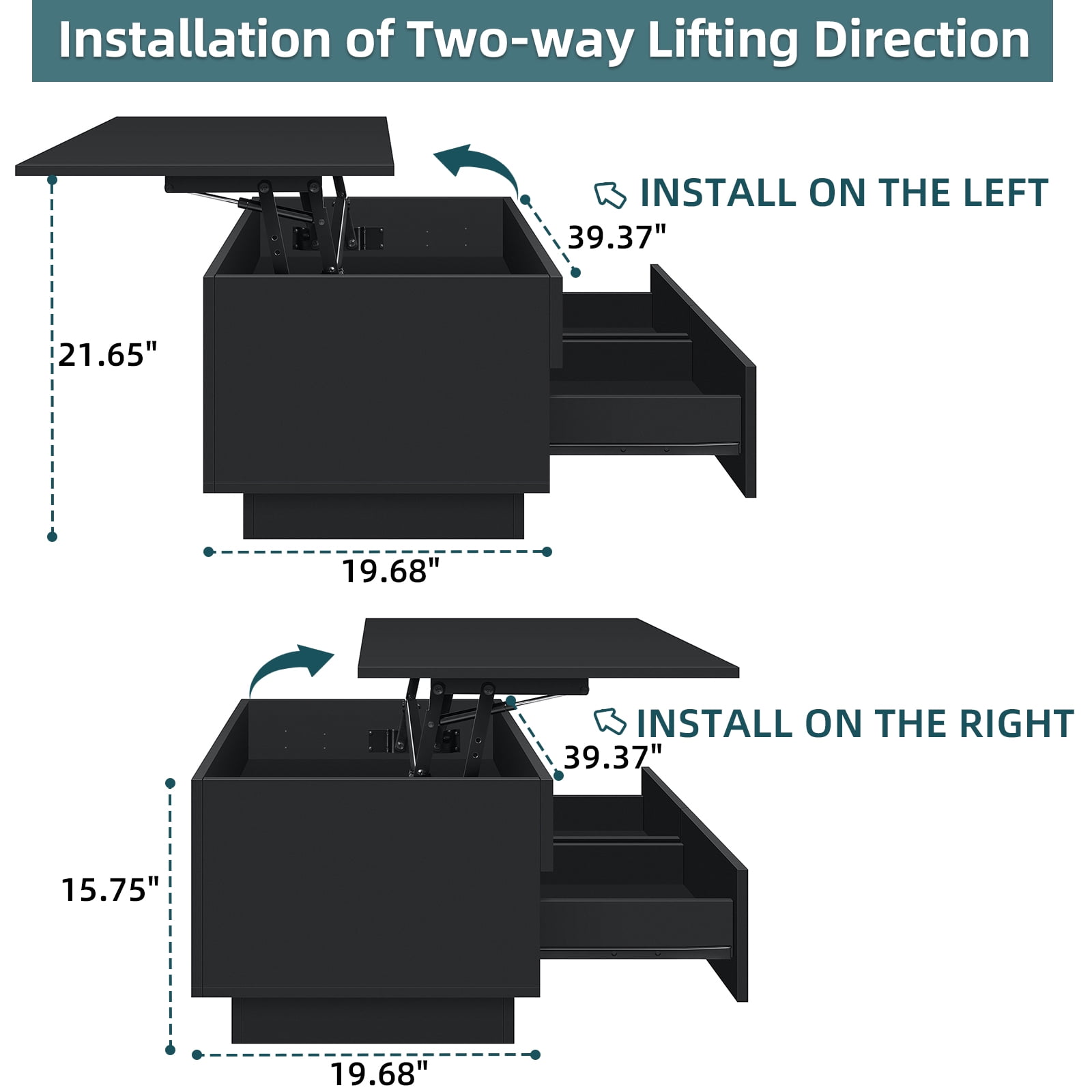 Hommpa LED Lift Top Coffee Table with Storage Modern Coffee Tables for Living Room Rectangle High Gloss Center Table with 2 Drawers - Image 9