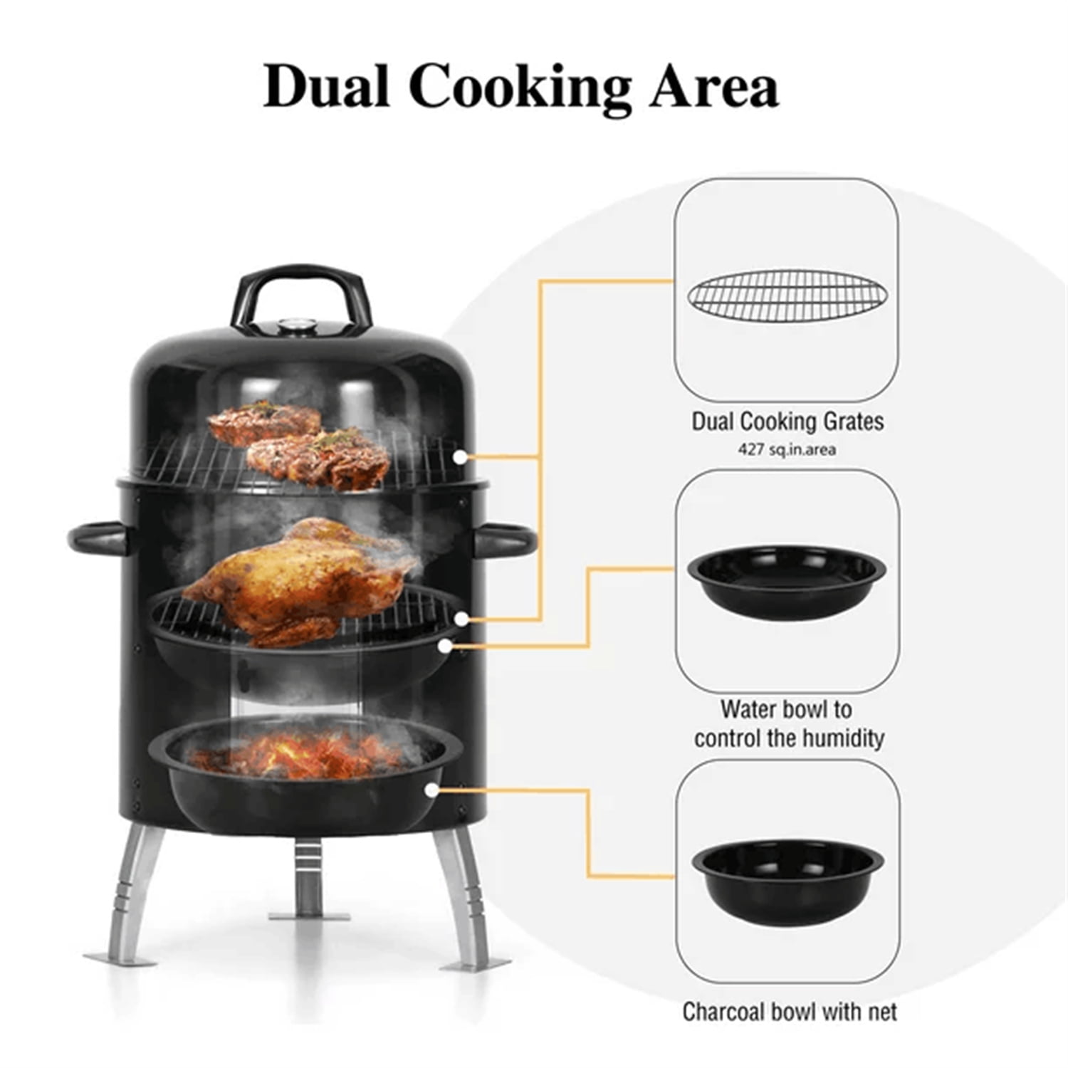 Summit Living 17-inch Vertical Charcoal Smoker Grills 2 in 1 BBQ Grill & Smoker, Black - Image 8