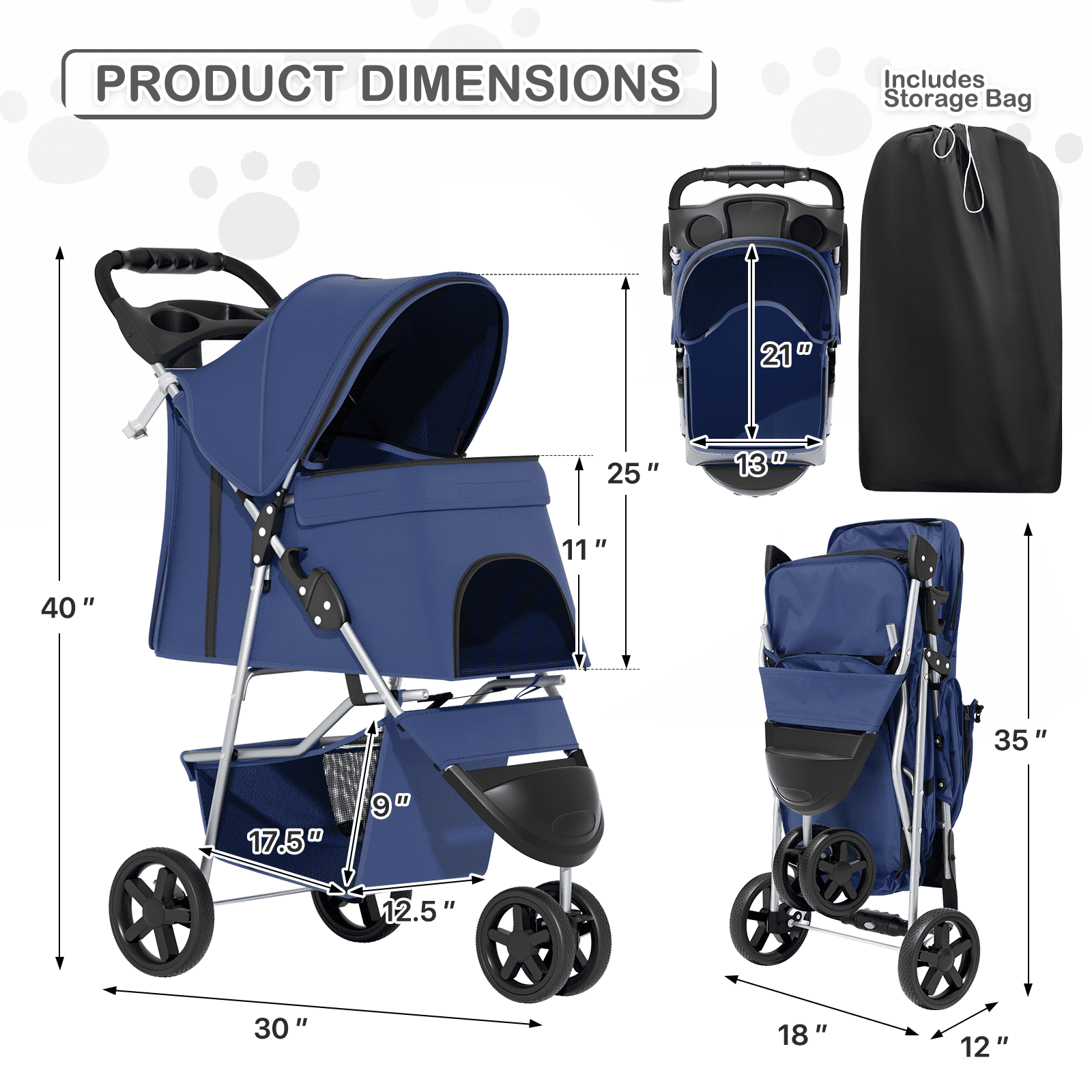MoNiBloom 3 Wheel Folding Pet Dog Stroller, Foldable Lightweight Trolley with Storage Basket, Cup Holder and 360° Rotating Front Wheel for Small Medium Dogs, Navy Blue - Image 3