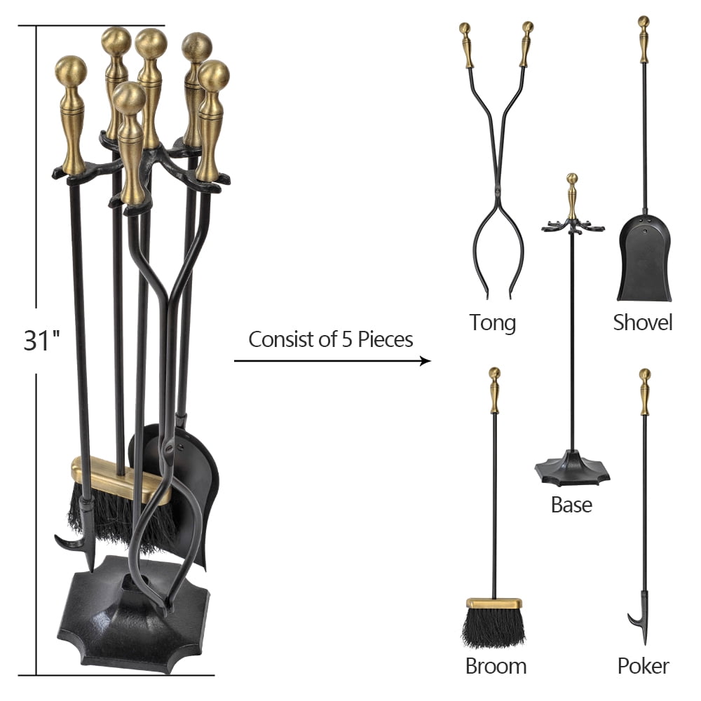 Amagabeli 5 Pieces Fireplace Tools Sets Brass Handles Wrought Iron Set and Holder Indoor Outdoor Fireset Fire Pit Stand Rustic Tongs Shovel Brush Chimney Poker Wood Stove Hearth Accessories Kit Large - Image 7