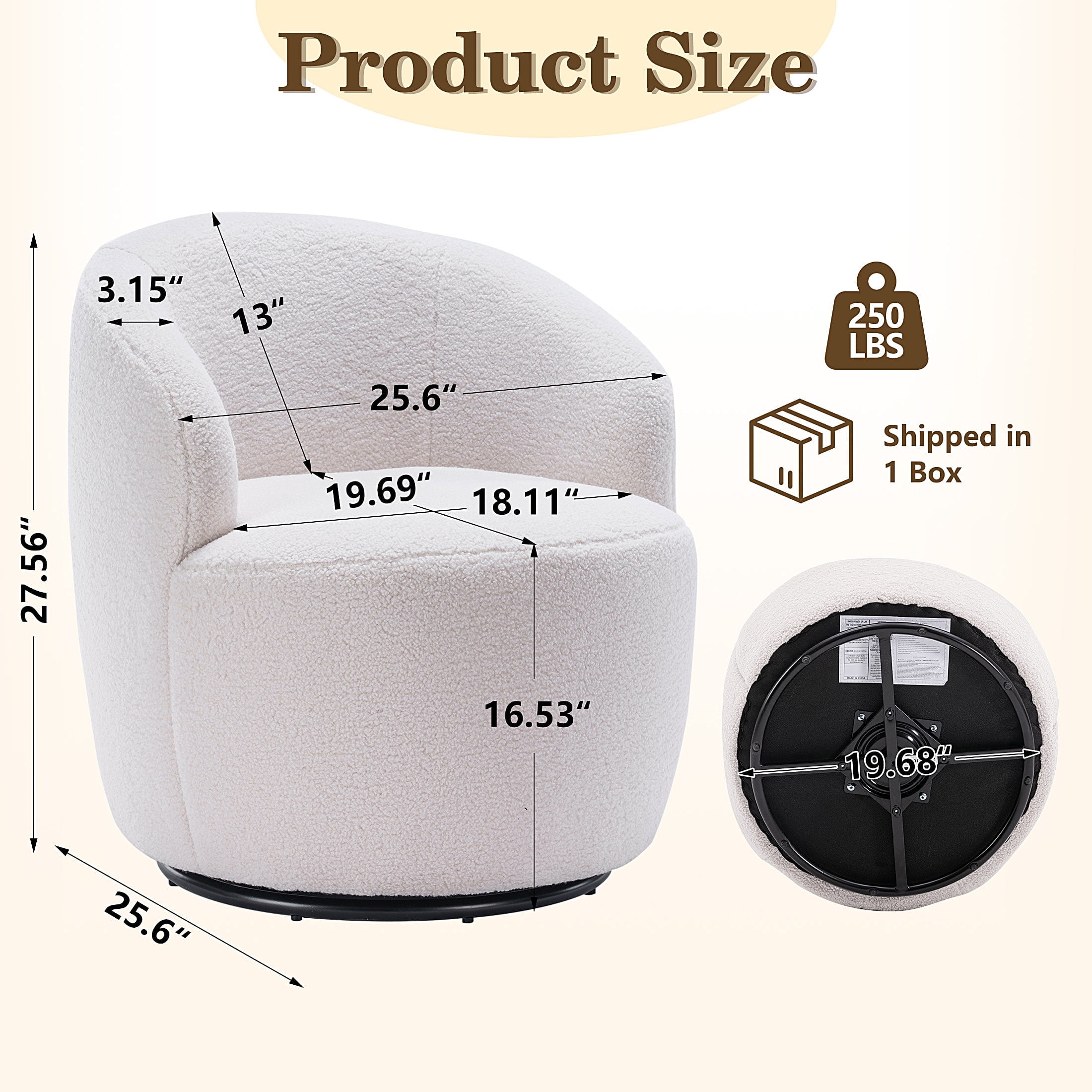 PORKISS Swivel Accent Chair, Armchair with Teddy Fabric, Barrel Chair with Black Powder Coating Metal Ring for Living Room, Bedroom, Ivory White - Image 2