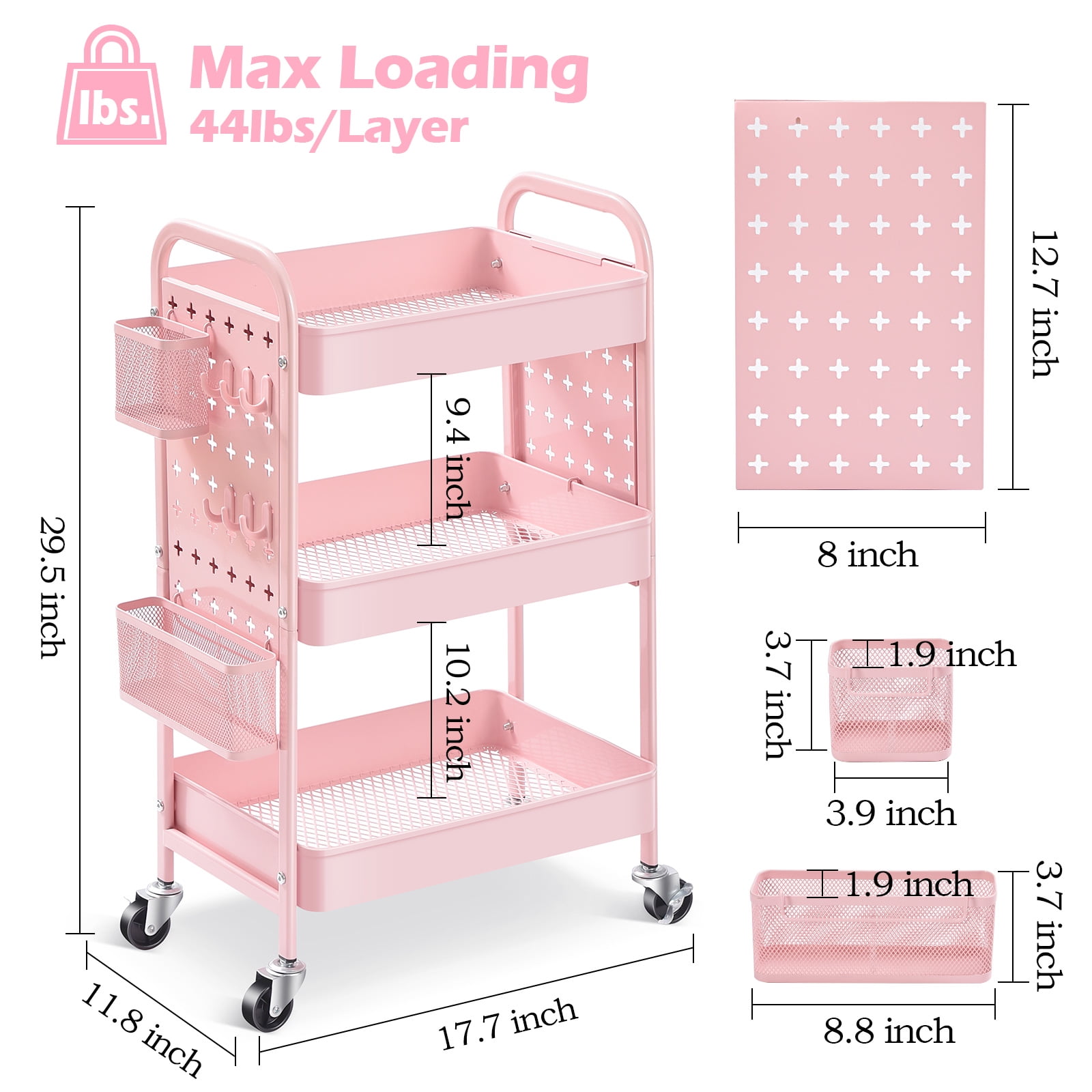 TOOLF 3-Tier Rolling Cart, Utility Storage Cart with DIY Dual Pegboards, Organizer Serving Trolley, Pink - Image 2