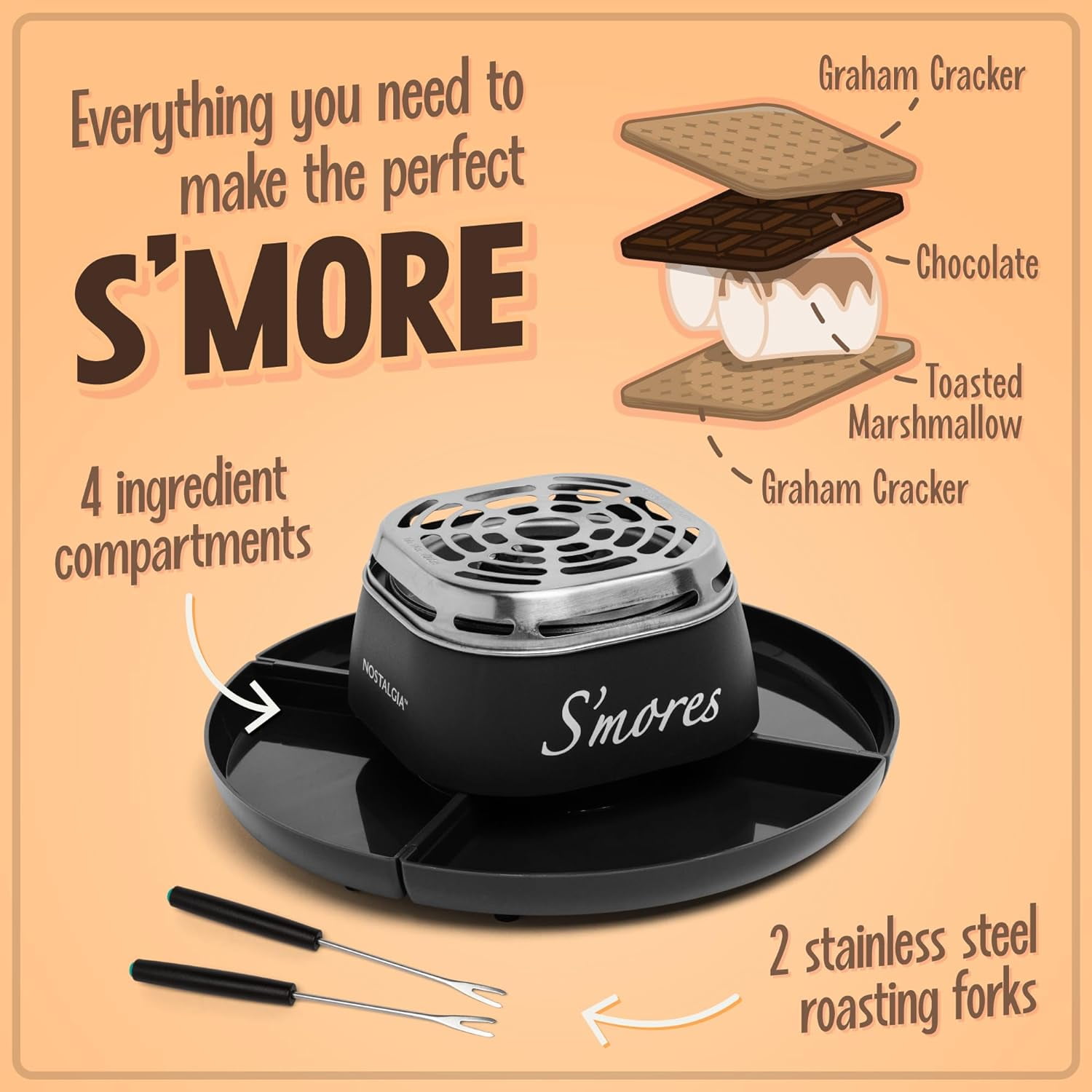 (4 pack) Nostalgia Indoor Electric Smores Maker Smores Kit with 4 Marshmallows Roasting Forks, Black - Image 6