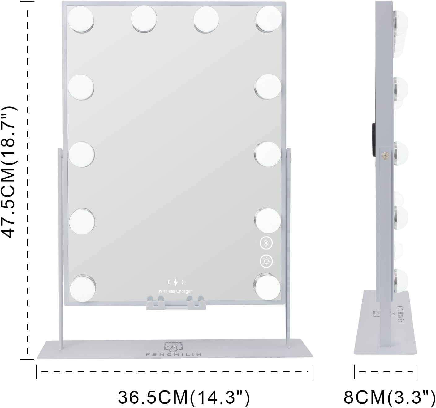 Fenchilin Vanity Makeup Mirror with Lights Bluetooth Wireless Charging Tabletop Metal White - Image 5