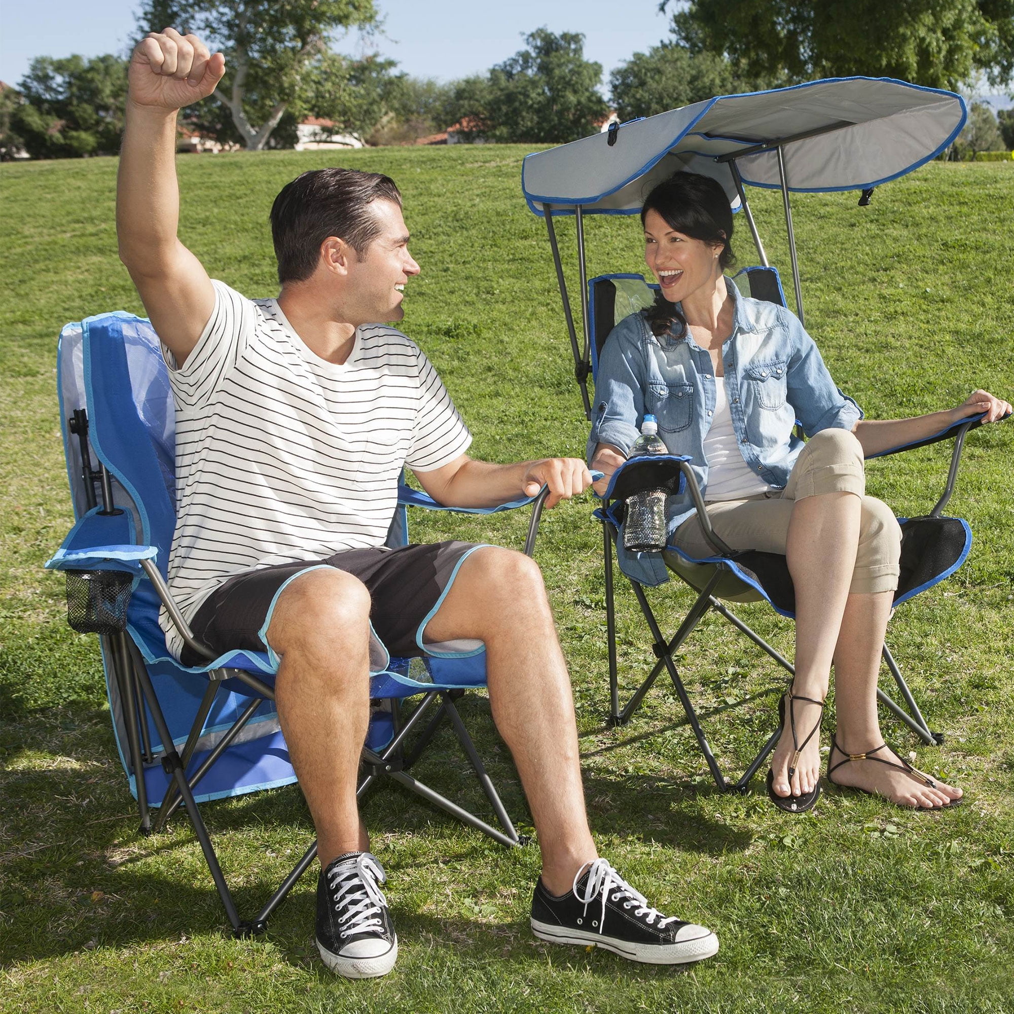 Kelsyus Premium Portable Camping Folding Outdoor Lawn Chair w/ 50+ UPF Canopy, Cup Holder, & Carry Strap, Blue & Gray - Image 6