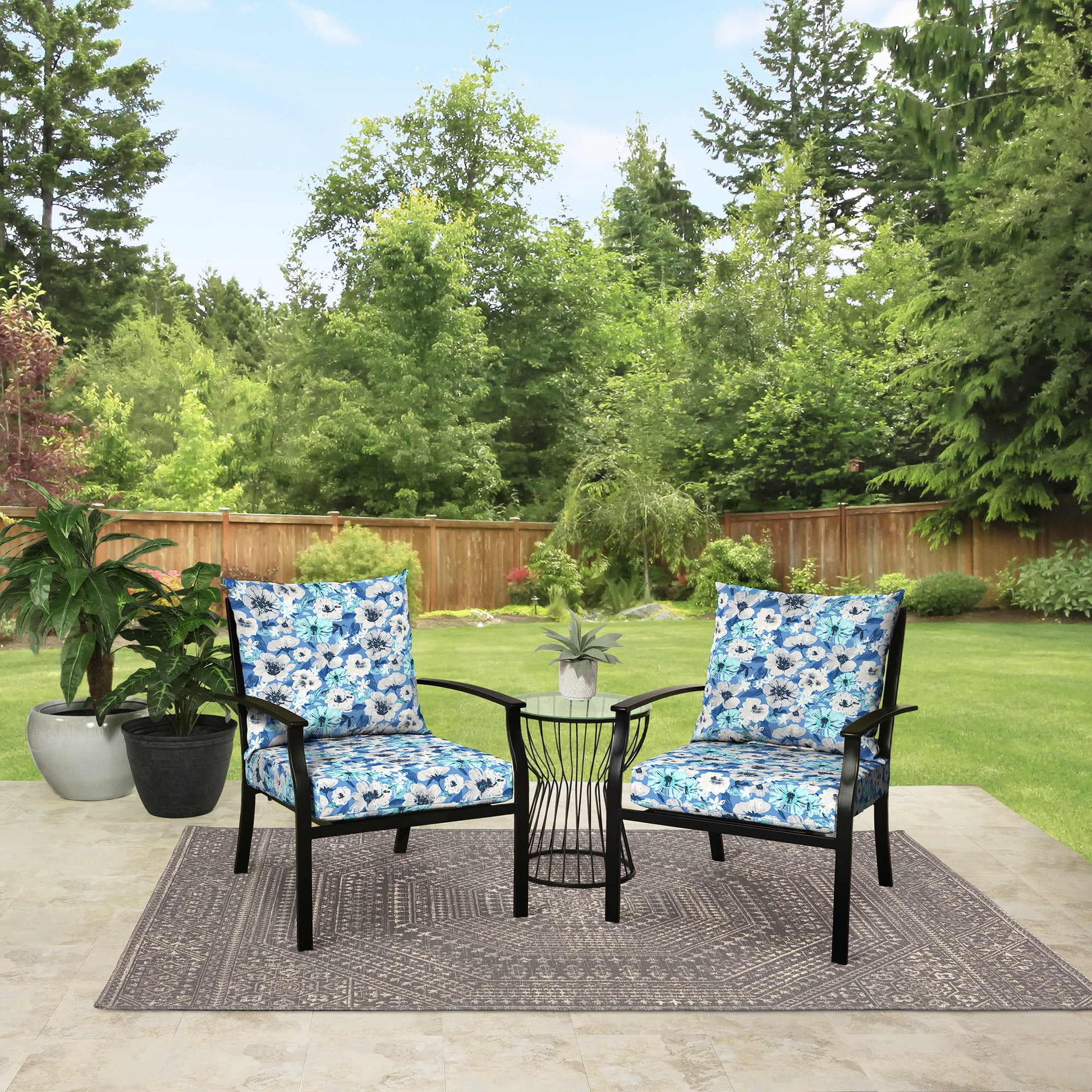 (2 pack) Mainstays 45" L x 22.75" W Blue Floral Rectangle Outdoor 2 Piece Deep Seat Cushion - Image 4