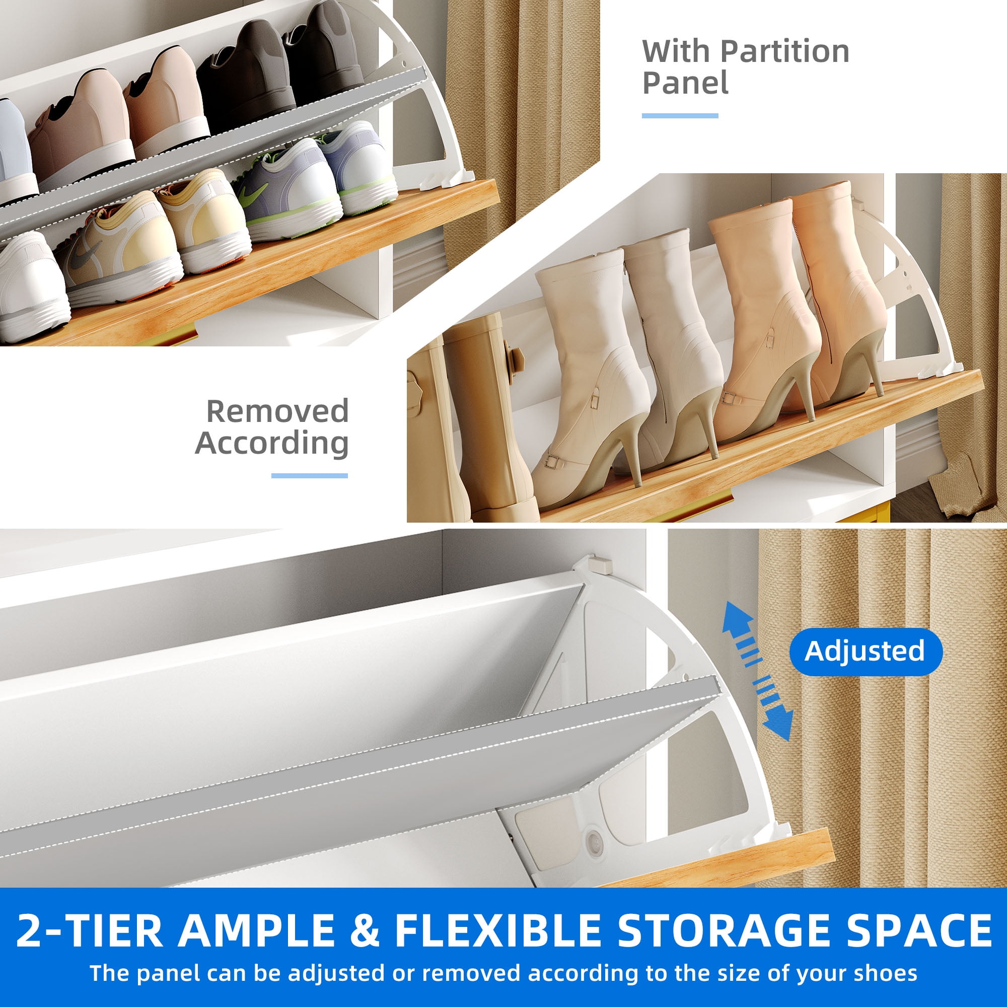 Dextrus Shoe Cabinet with 2 Flip Drawers & Open Shelf , Modern Shoe Storage Cabinet with Storage Bench, Freestanding Shoe Rack Storage Organizer Bench for Hallway Entryway, White - Image 9