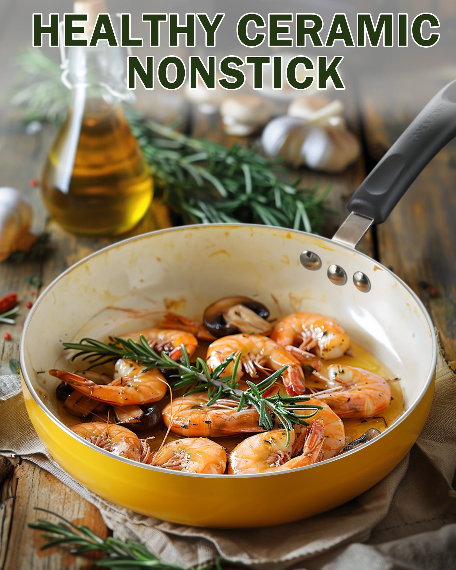 Cook N Home Nonstick Pots and Pans, 10-Piece Ceramic Kitchen Cookware Sets, Cooking with Saucepans, Frying Pans, Dutch Oven Pot with Lids, Yellow - Image 5