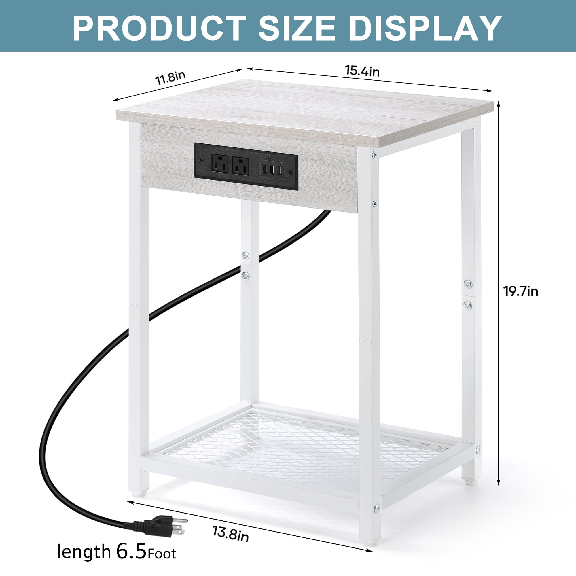 Oumilen Adult Nightstand End Table with Charging Station White, Set of 2 - Image 3