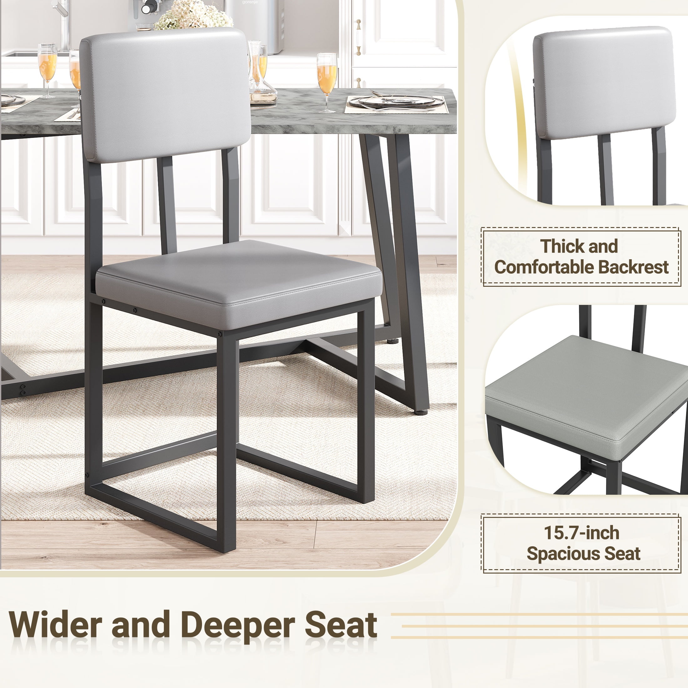 PORKISS 5 Piece Dining Table and Chair Set, Kitchen Dining Room Table Set with Faux Marble Table PU Leather Chairs, Rectangle Dining Table Set for 4, Dinette Set for Small Space, Gray + Black - Image 6