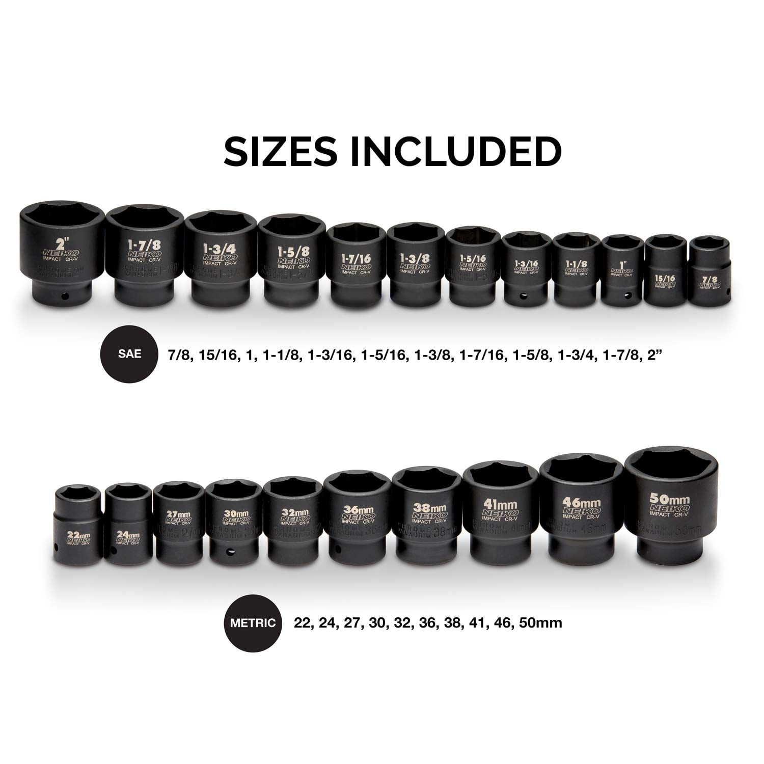 NEIKO 02499A 3/4-Inch-Drive Jumbo Master Impact Socket Set, SAE and Metric Shallow-Socket Tool Set, SAE 7/8" to 2" and Metric 26 to 38 mm, 27 Pieces - Image 4