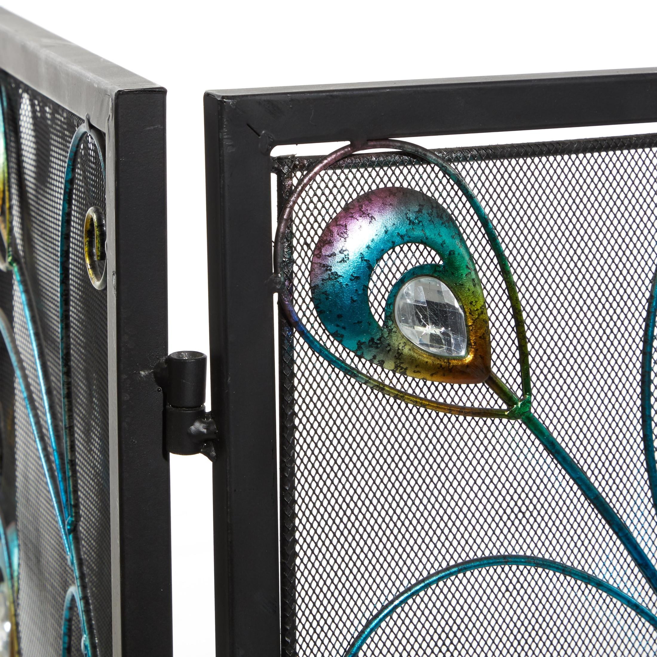 DecMode Black Eclectic Metal Fireplace Screen with Colorful Peacock Detail and Iron Frame, 48"W x 32"H - Image 11