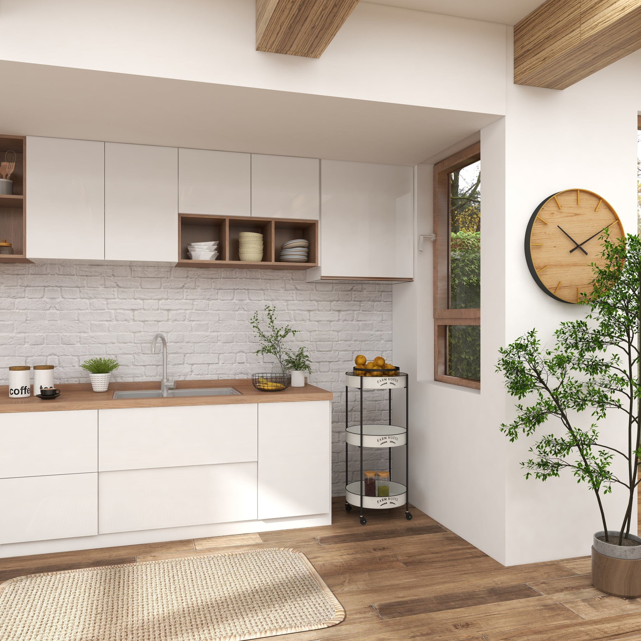 DecMode 16" x 34" White Metal Kitchen Rolling 3 Shelves Bar Cart with Wheels, 1-Piece - Image 4