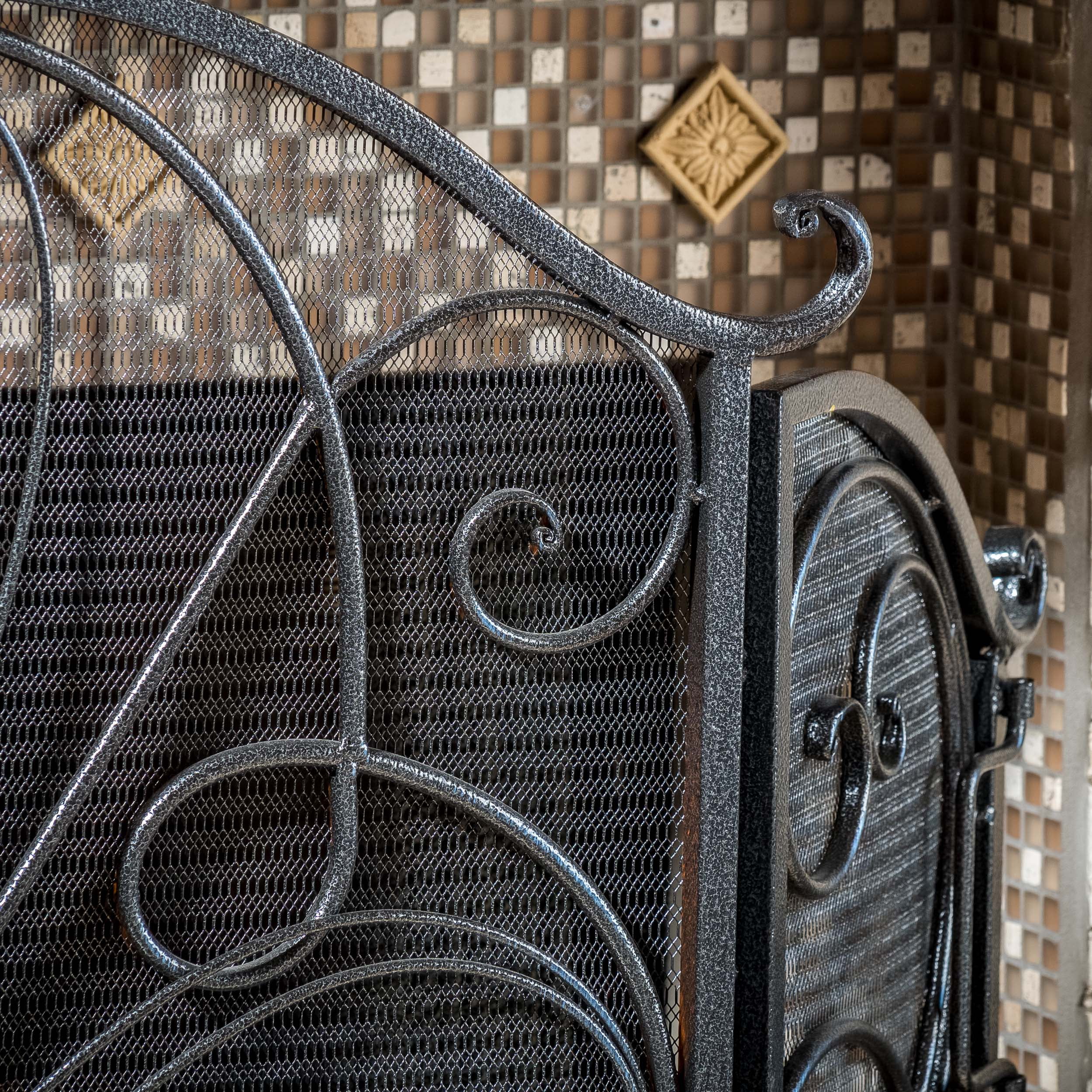 Noble House Christopher Iron Fireplace Screen, Silver Flower on Black - Image 5