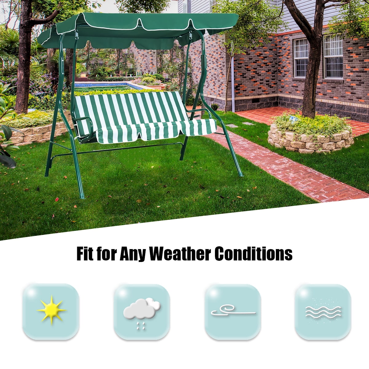 Vebreda 3-Seat Patio Outdoor Porch Swing Glider Chair with Canopy, Green - Image 6