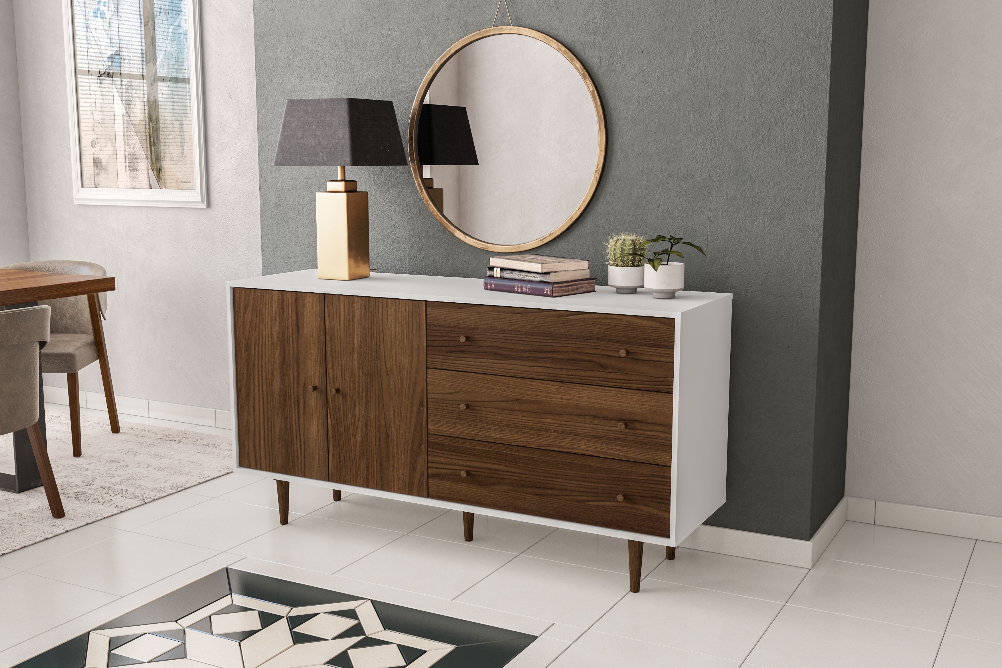 Polifurniture Pasadena Modern Sideboard with 2 Doors and 3 Drawers, White & Walnut - Image 10